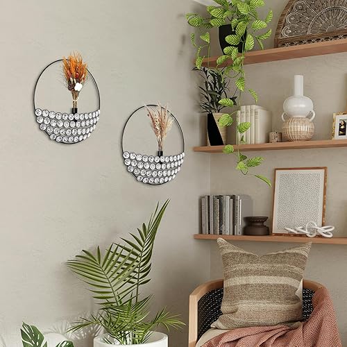 Miniatura 5 de Juego de 2 macetas colgantes redondas de metal con diamantes de imitación de 11.8 x 11.8 pulgadas, flores secas, decoración de pared, florero de