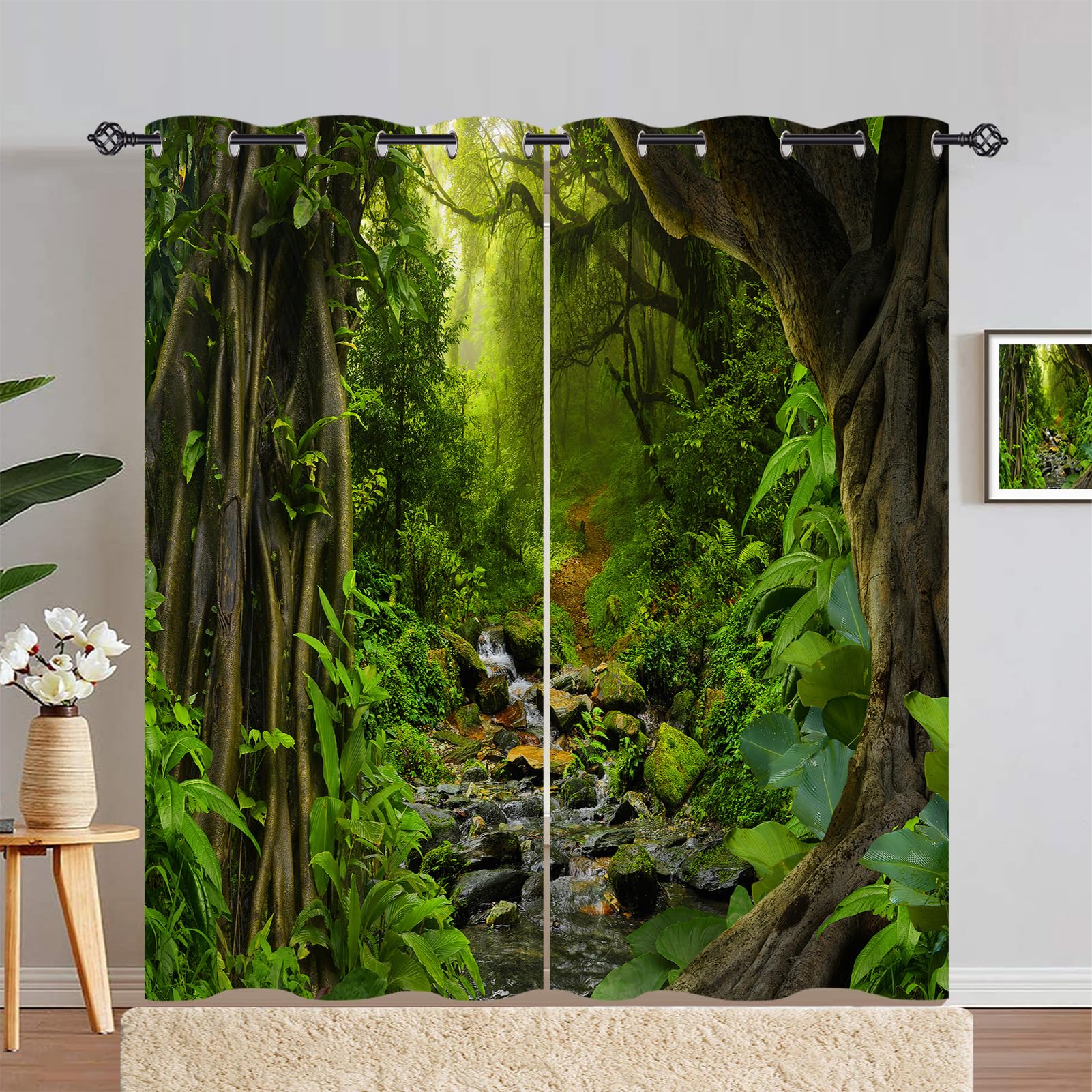 ANHOPE Jungle Curtains Eyelet Thermal Insulated Blackout Curtains Tropical Rainforest Jungle Forest Tree River Print Pattern Ring Top Window Drapes for Bedroom Living Room 55 x 90 Inch Drop 2 Panels — image 1