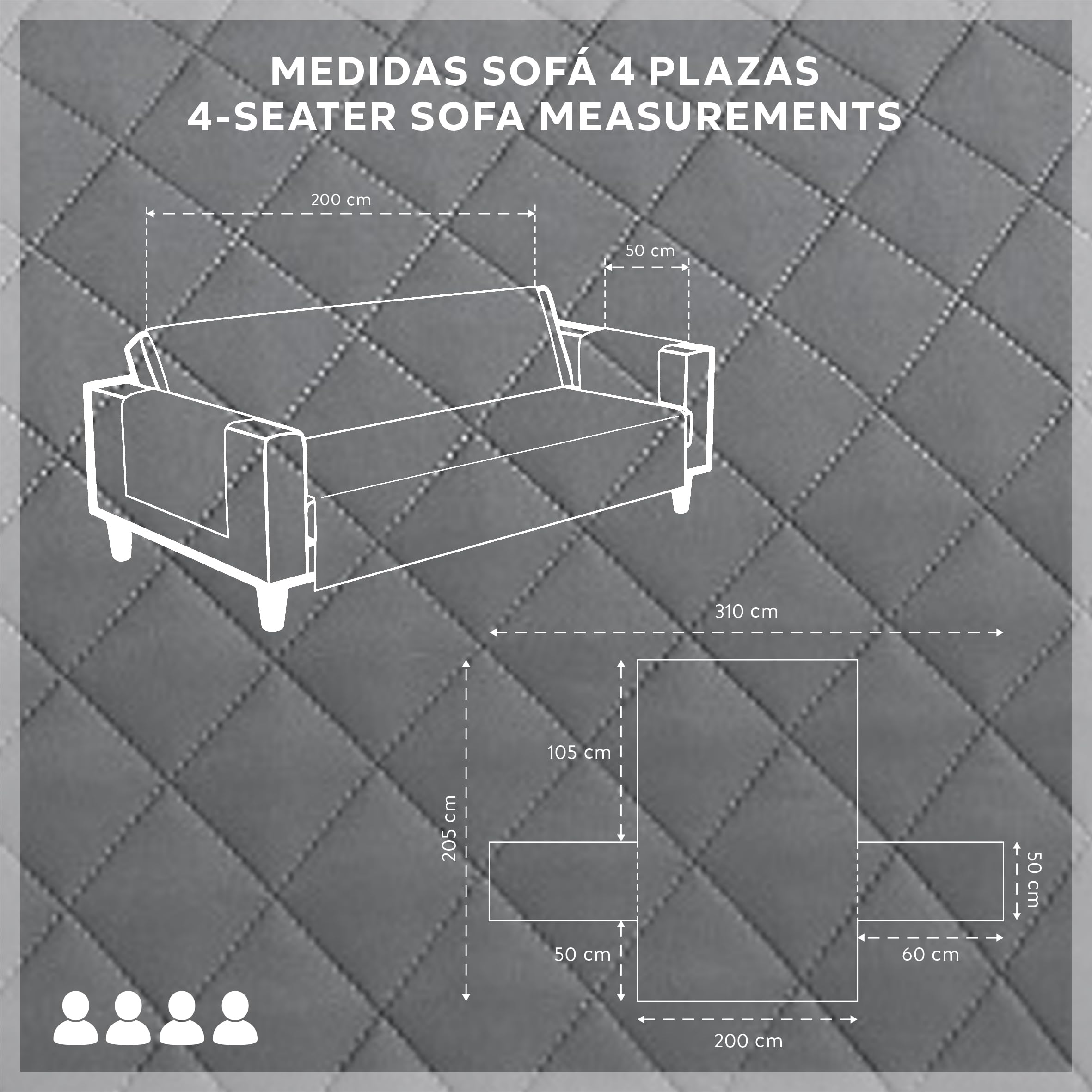 Textilhome Copridivano Malu 4 Posti (200cm) – Salvadivano Trapuntato Reversibile Universale, Protezione Antigraffio, Fodera Imbottita per Divano, Colore Grey