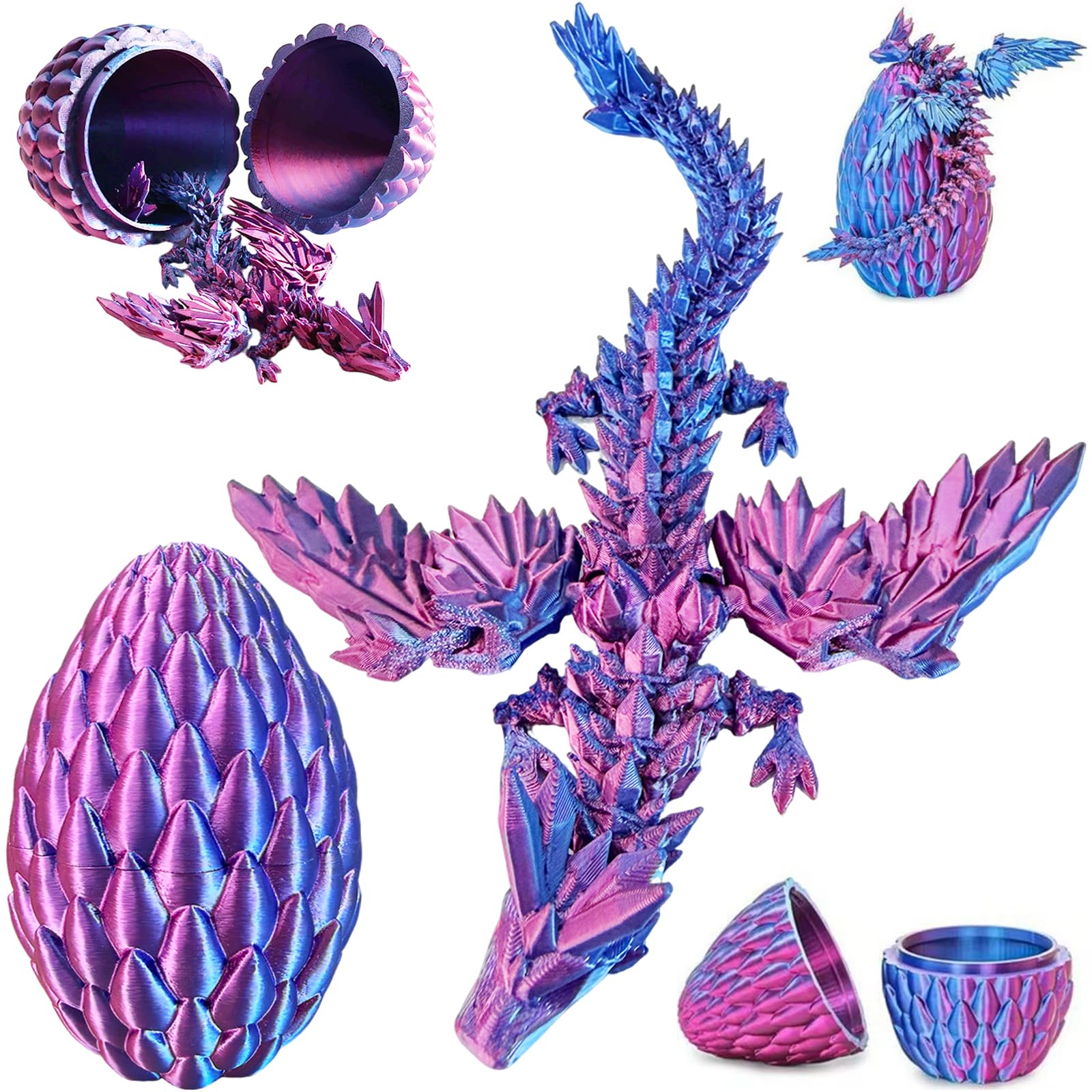 Joycabin 3D Printed Dragon Egg with Dragon, 3D Printed Articulated Crystal Animals Fidget Toy and Decor for Kids Friends Colleagues – Christmas Birthday Halloween Easter Decoration Gift (Blue-Purple)