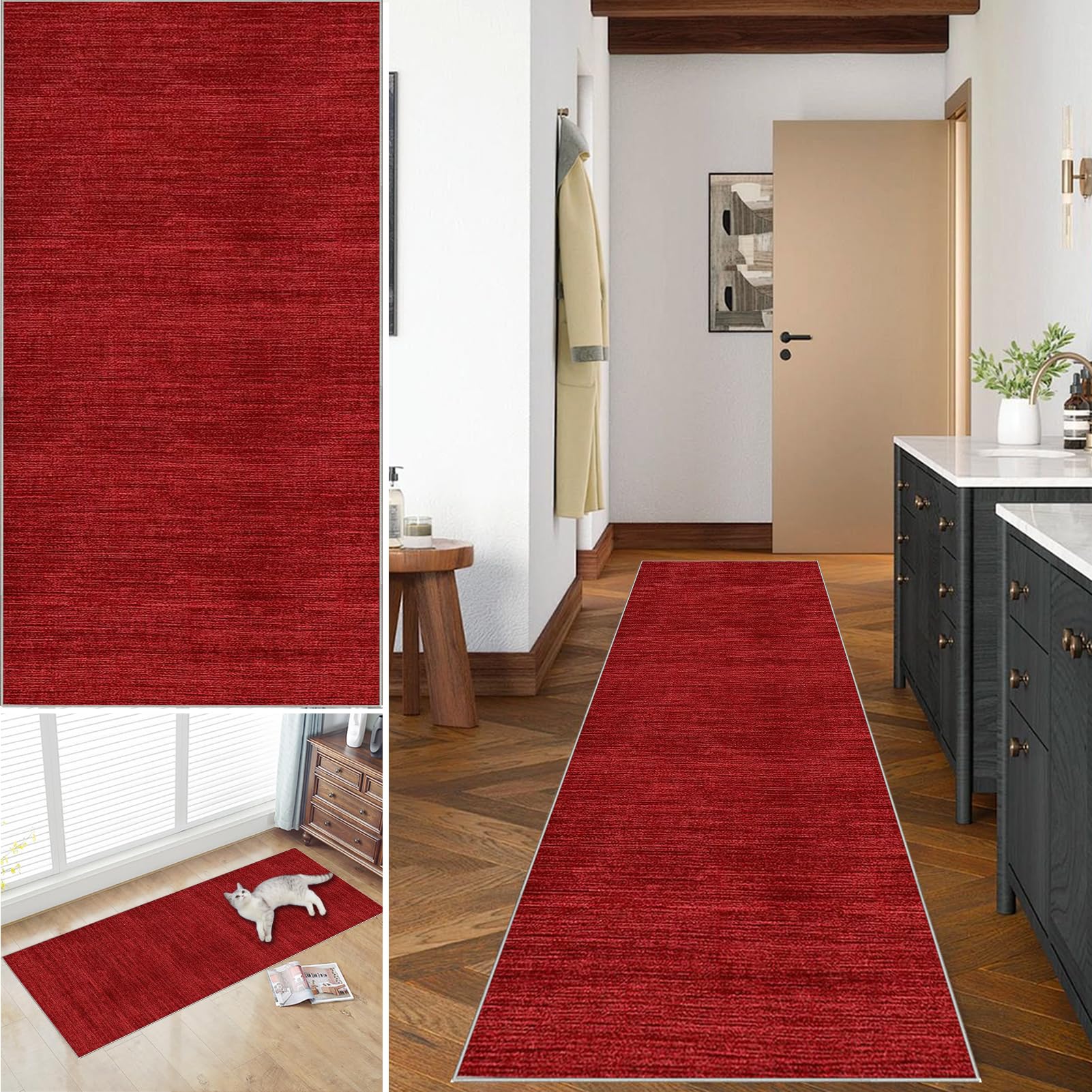 Nowoczesny antypoślizgowy dywan 60 x 500 cm do kuchni, przedpokoju i wejścia, nadaje się do prania, czerwony dywan do salonu, łazienki i korytarza