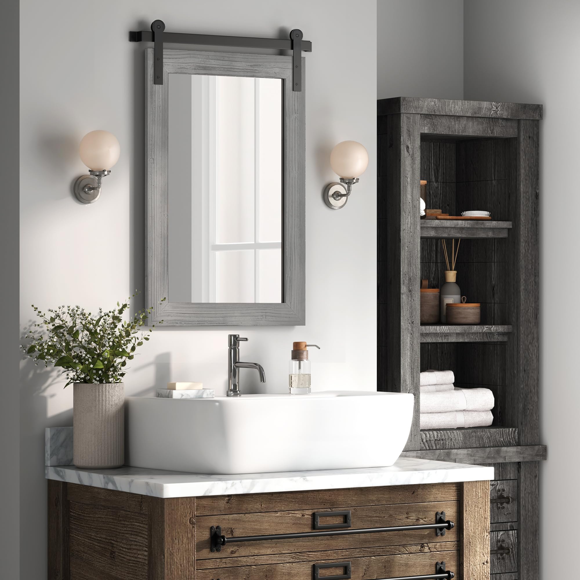 COGOOD Farmhouse Barn Door Mirror - 17 x 26 Rustic Wood Framed Wall for Bathroom, Living Room, Entryway Decor (Grey) 17x26