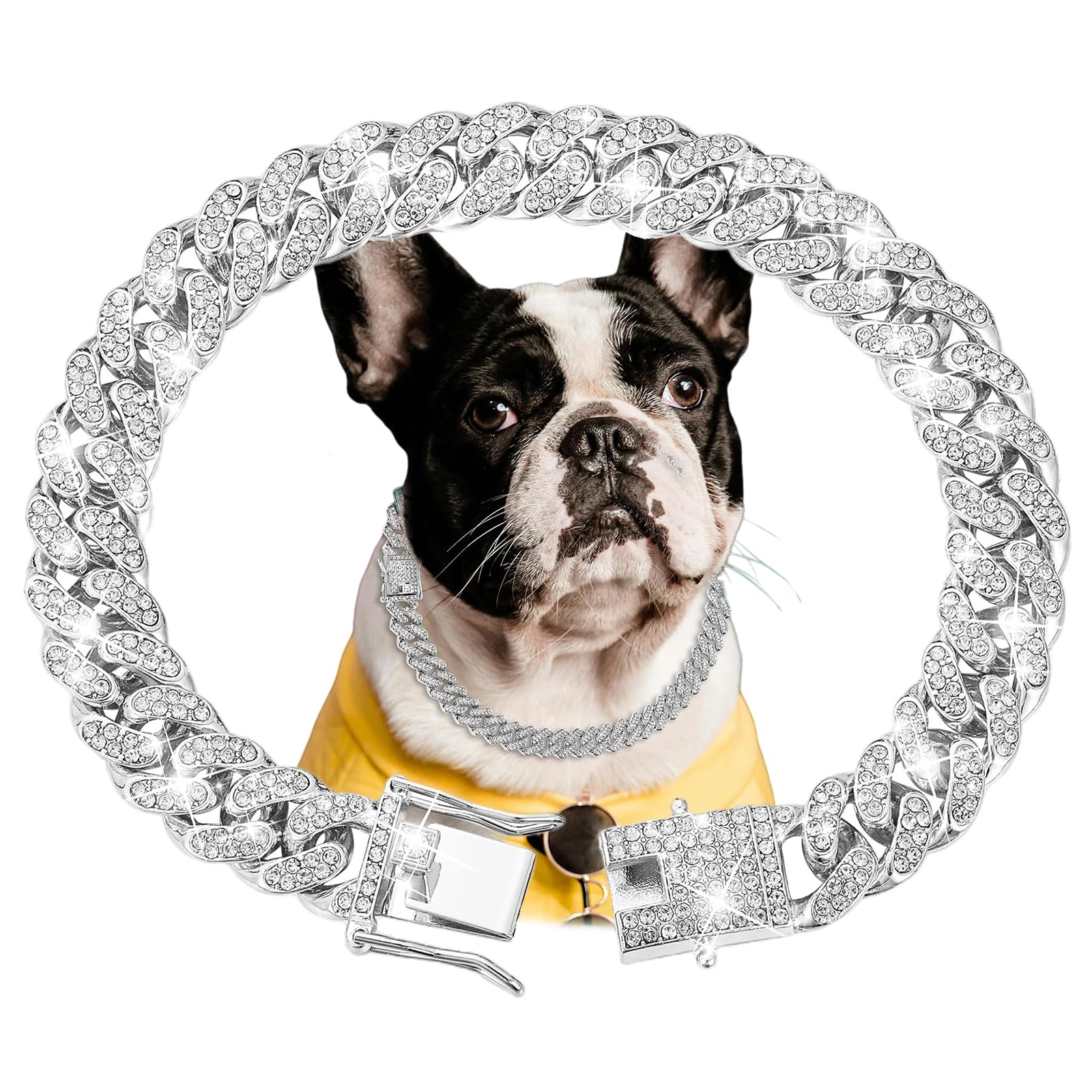 Collare Cubano Per Cani - Catena Argentata 15mm, Acciaio Inox, Con Anello A D, Per Taglie Piccole E Grandi - Foto 9