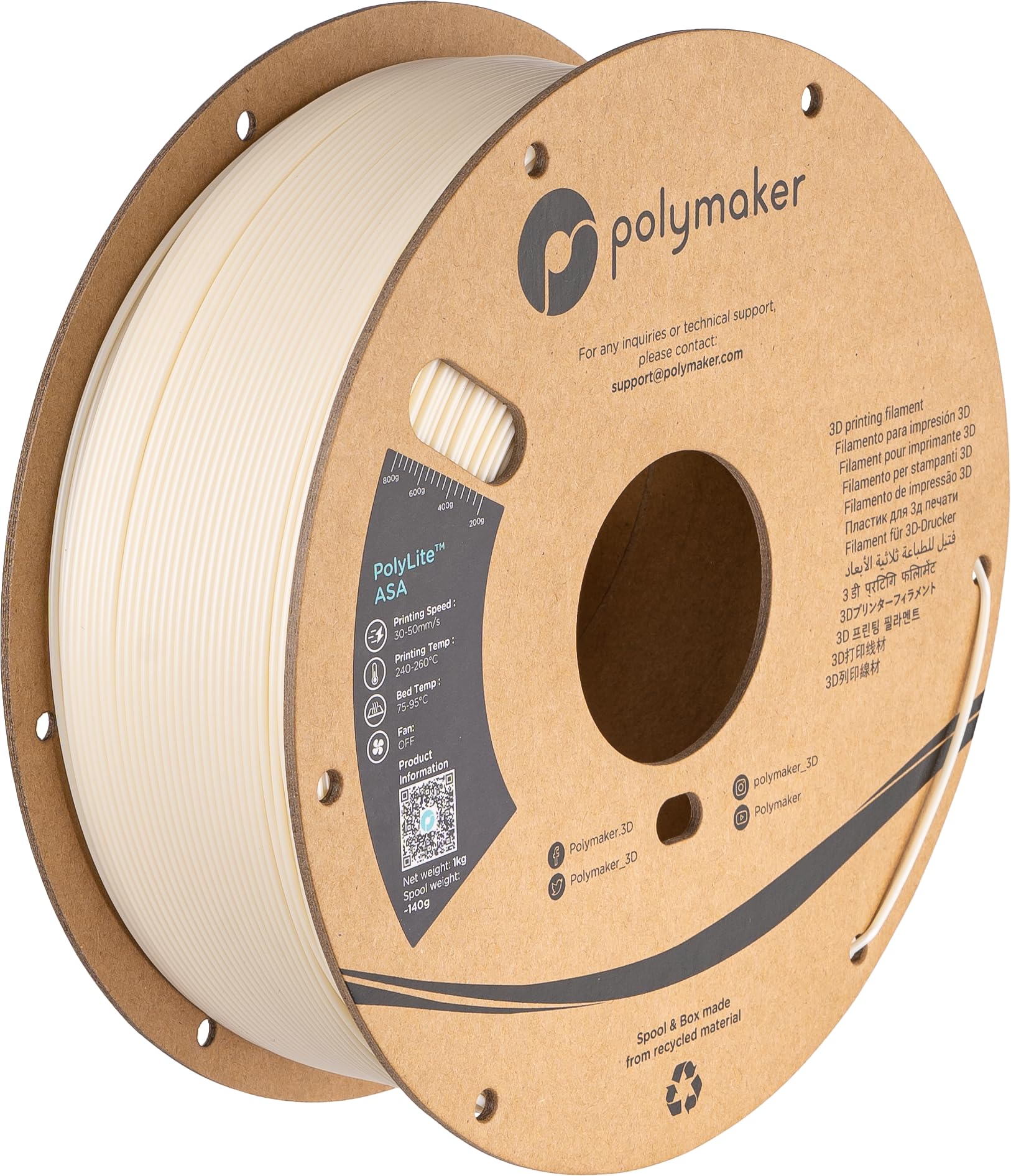 Polymaker ASA Filament 1.75mm Natural ASA, 1kg Heat Resistant Weather Resistant ASA 1.75 Cardboard Spool - PolyLite ASA 3D Printer Filament Natural, Perfect for Printing Outdoor Functional Parts