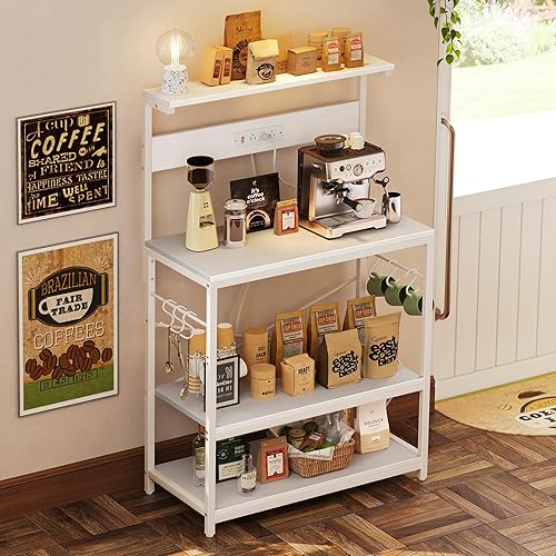 Miniatura 60 de SUPERJARE - Estante de cocina con toma de corriente de 4 niveles, soporte de microondas de cocina con 6 ganchos en forma de S, estante de Marrón