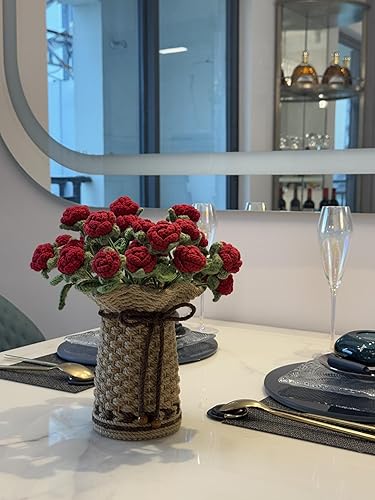 Miniatura 4 de THREEBOY Ramo de flores artificiales de ganchillo de rosas rojas con florero de punto para el Día de la Madre, San Valentín, decoración de