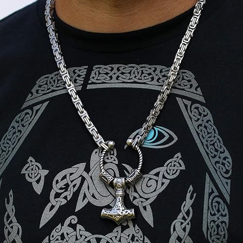Vista 4 de VikingsBrand - Collar de cadena para hombre con colgante de Mjolnir y dos cuentas de estilo rústico