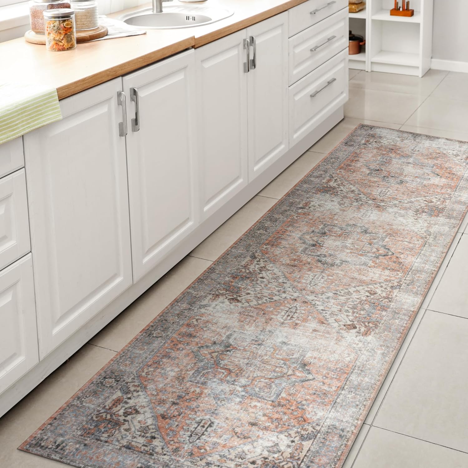 JONATHAN Y Machine Washable Terra/Blue Runner Rug 2X8 ft, Armae Distressed Medallion Chenille for Living Room, Bedroom, Kitchen, Office, Easy-Cleaning, Pet-Friendly, Non-Shedding WSH200A-28