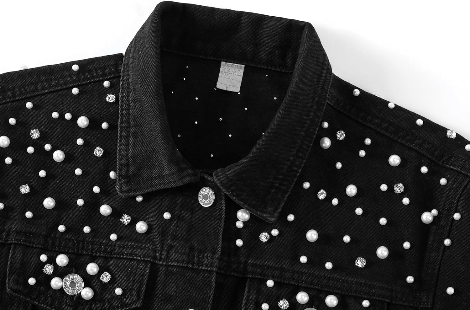 LifeShe Women's Pearls Denim Jacket Cropped Rhinestones Jean Jacket Coat - Image 4