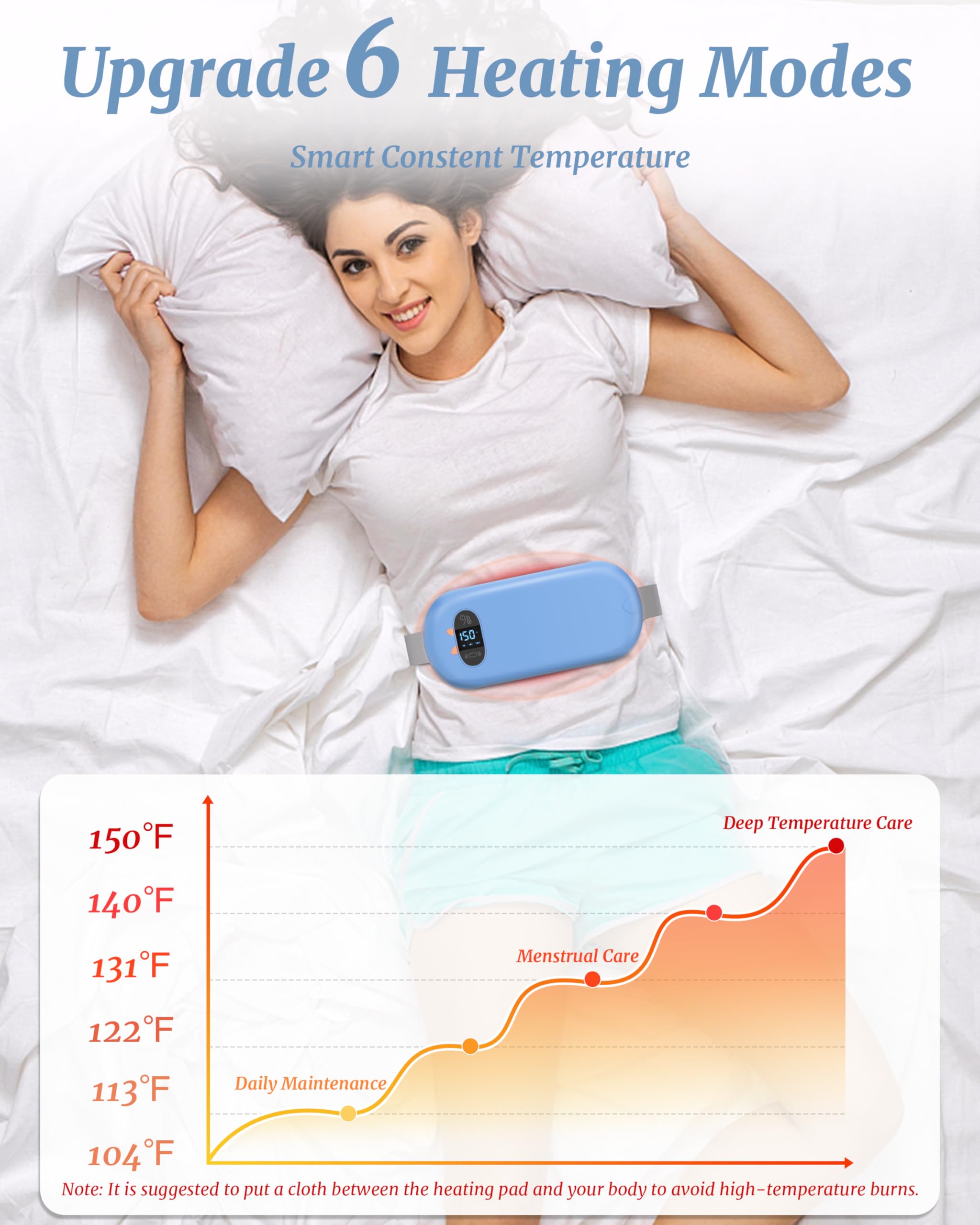 Heat Pad for Period Pain Relief Upgraded 6 Heat Massage Modes Electric Fast Heating Pad for Lower Back Pain Cramp Menstrual Rechargeable USB Heated Belt Gifts for Women Girls Her Blue - Image 4