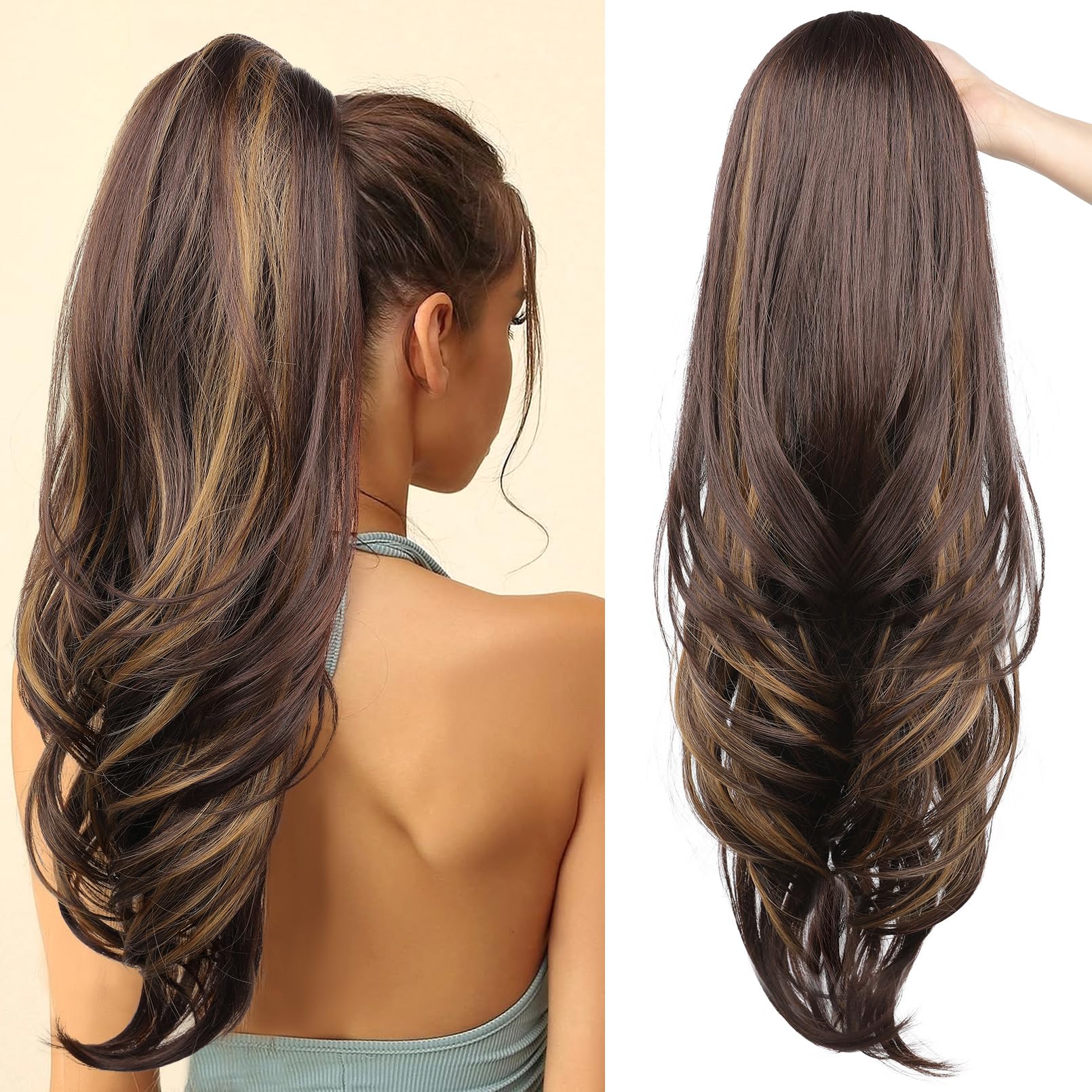 SEIKEA Versatile Drawstring Ponytail Extension, 26" Long Wavy Multi Layered Clip in Ponytail Hair Extensions Stand Up High Fake Pony Tail Soft Natural