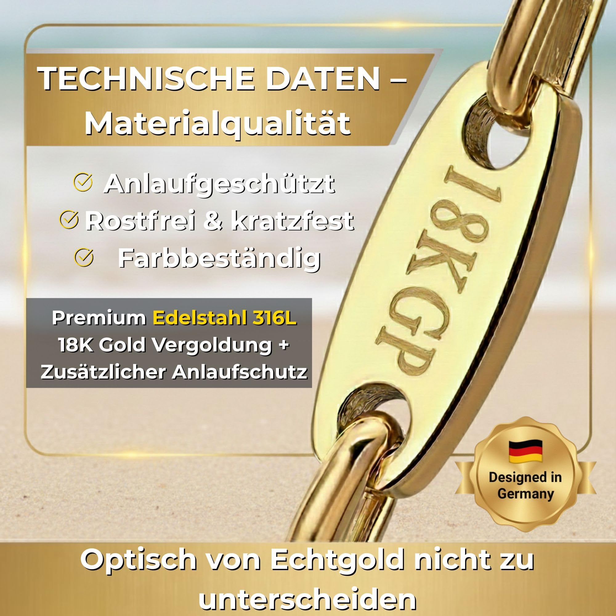 DJADEE Herren Kette Gold 750 vergoldet Premium Edelstahl 316L Plattenkette 5/8/10/12 mm Wasserfest Hypoallergen Hochglanzpoliert Geschenk für Männer Halskette Steigbügelkette 18 Karat gestempelt