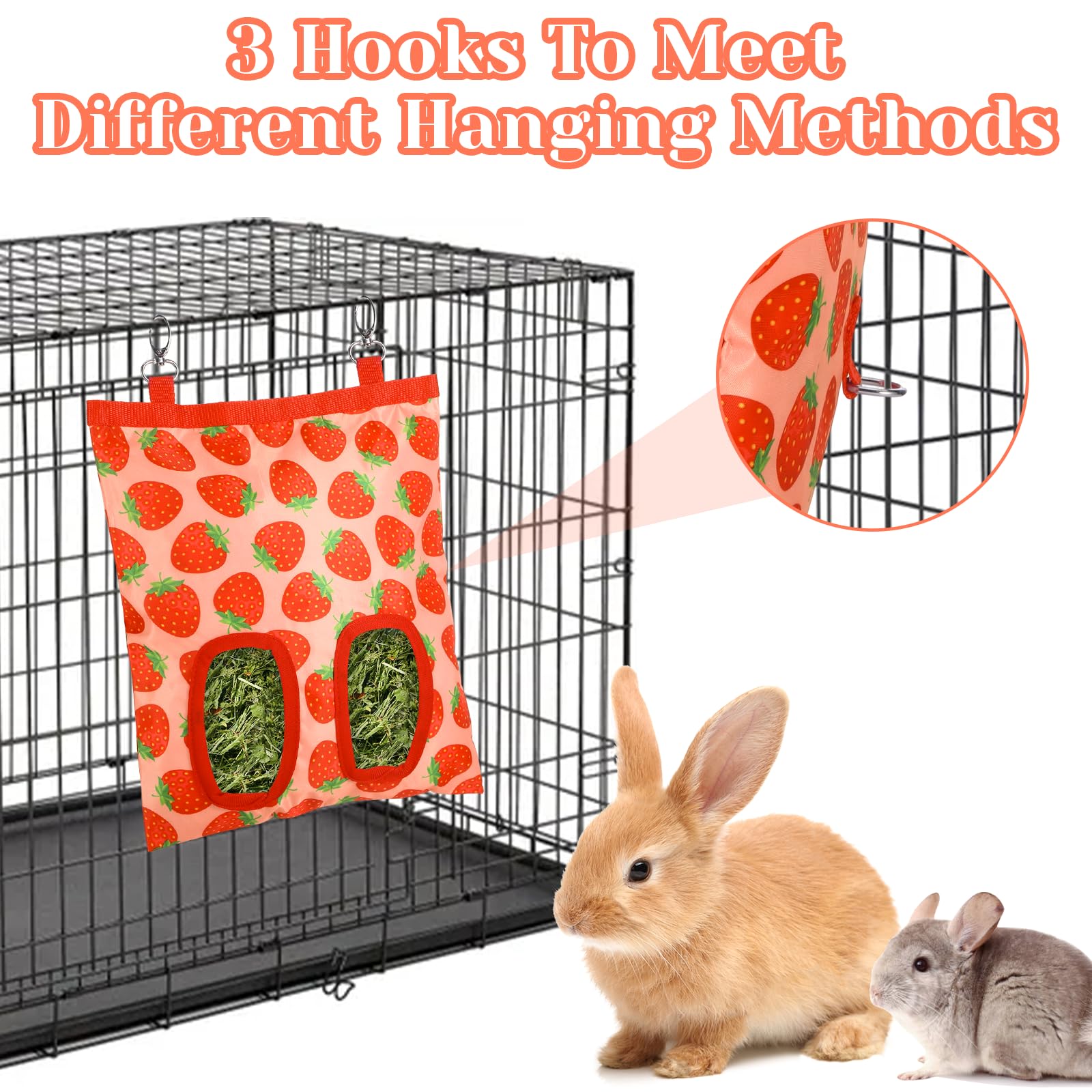 Bolsa grande para comedero de heno para conejos, lavable, para colgar, a prueba de mordidas, con 2 ganchos traseros, 2 agujeros para conejos, chinchilla, hámster, 9 x 11 pulgadas (fresa)