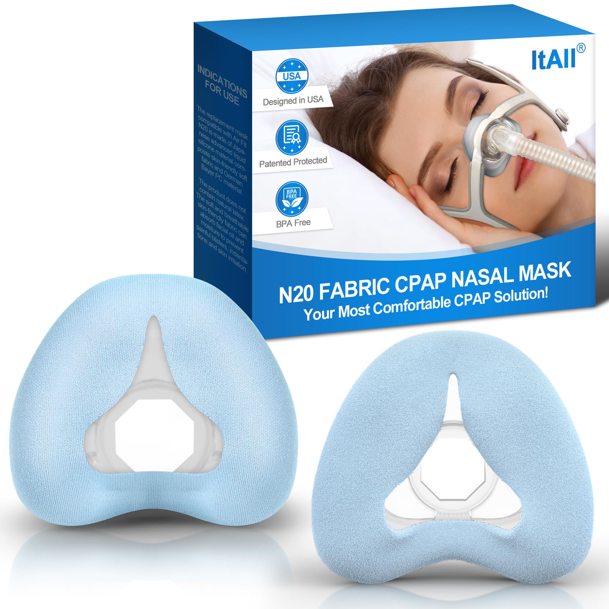 2PCs Replacement CPAP N20 Mask Cushion (Medium) - No Silicone Contact, 2 Different Texture Trial Combo - 1PC Cotton & 1PC Velvet, Latest Fabric Nasal Pillow Supplies for Airfit & Airtouch N20 (Blue)