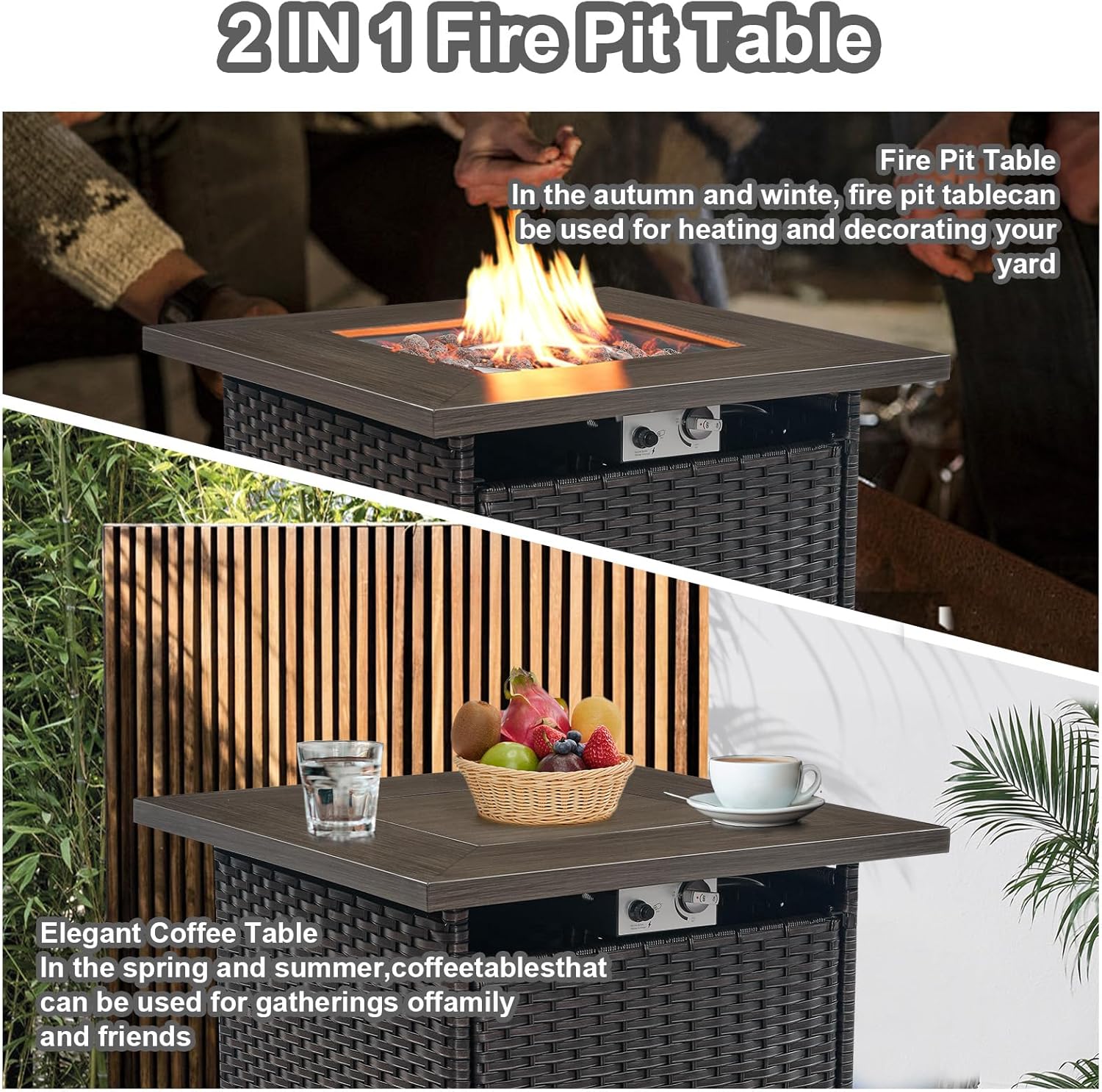 HUMMUH 30" Square Propane Fire Pit Table, 50,000 BTU Outdoor Gas Fire Pit with Lid and Lava Rock 2-in-1 Steel Fire Table for Porch Backyard Deck Balcony - Brown