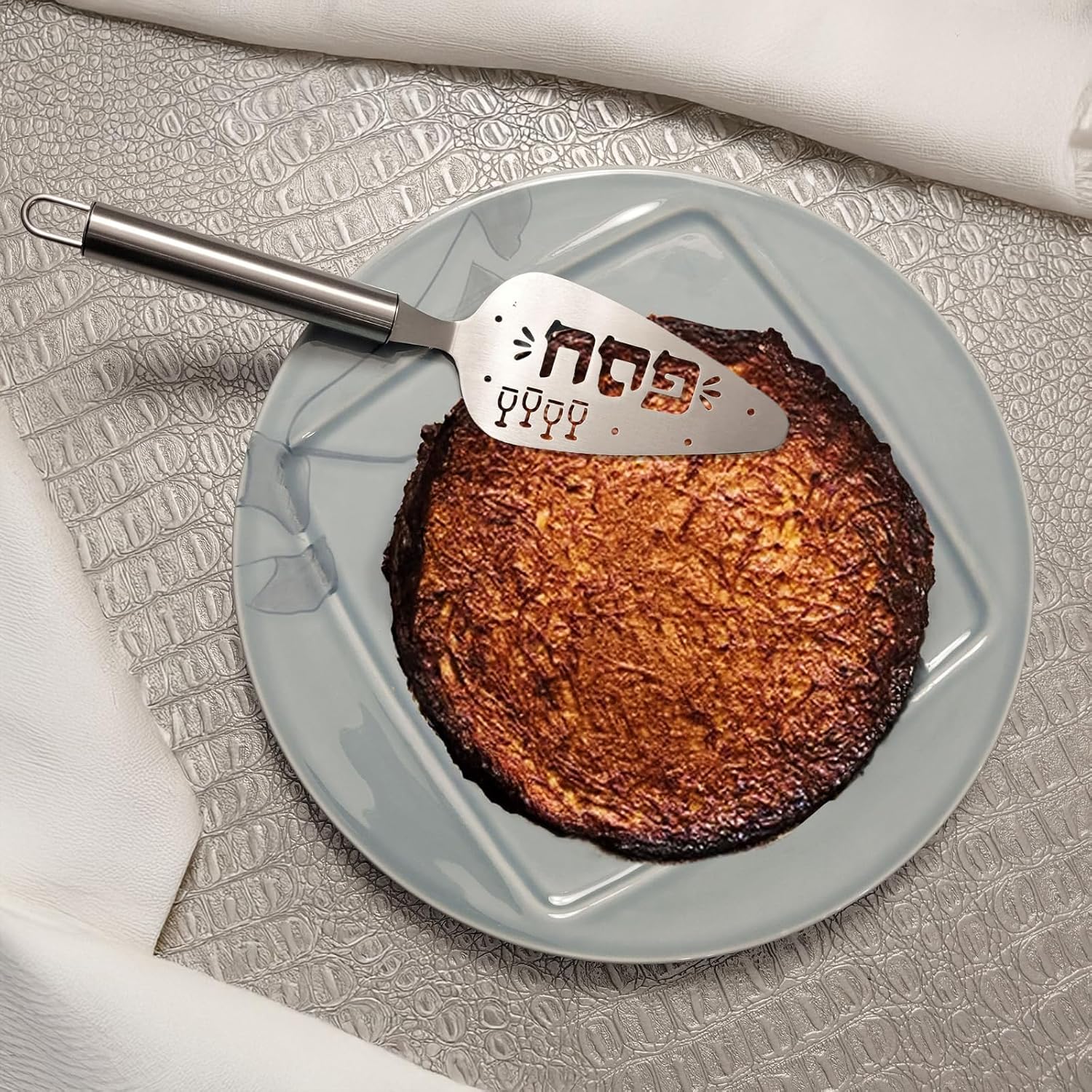 Rite Lite Stainless Steel Passover Server, Elegant Laser Etched Cutout Design with Hebrew "Passover" and 4 Cups, Durable & Stylish Holiday Serving Utensil Jewish Tableware, Perfect Pesach Hostess Gift