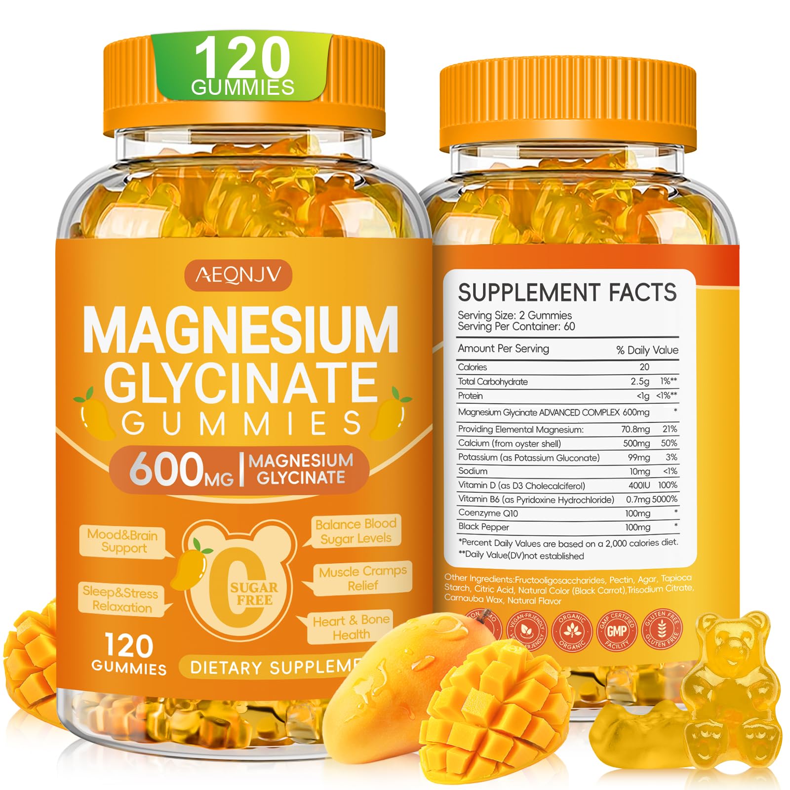 Magnesium Glycinate Gummies 600mg, Chewable Sugar Free Potassium Magnesium Gummies with Magnesium Glycinate, Vitamin D, B6 and CoQ10 for Sleep, Relaxation, Brain & Muscle, 120 Count