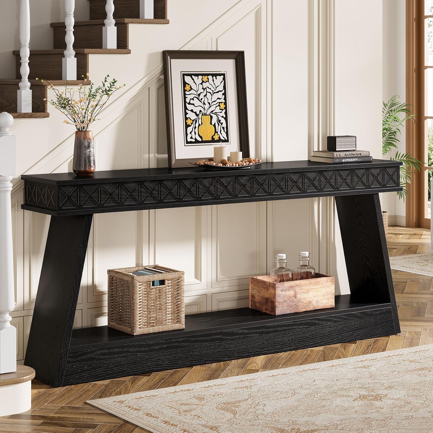 Tribesigns 70.9 Inch Long Console Table for Entryway, 2-Tier Farmhouse Entryway Table with Storage, Narrow Sofa Table Behind The Couch, Wood Accent Table for Hallway, Living Room, Foyer, Black
