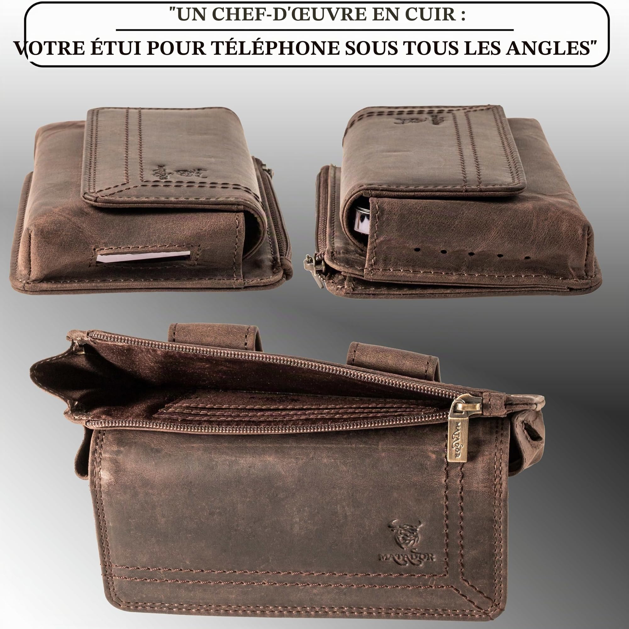 MATADOR 2en1 Pochette Téléphone Portable Cuir Véritable avec Poche Zippée #Brisbane, avec Boîte Cadeau Noble et RFID, élégant Pochette Telephone pour Smartphone jusqu'à 6,9 Pouces, Marron Foncé