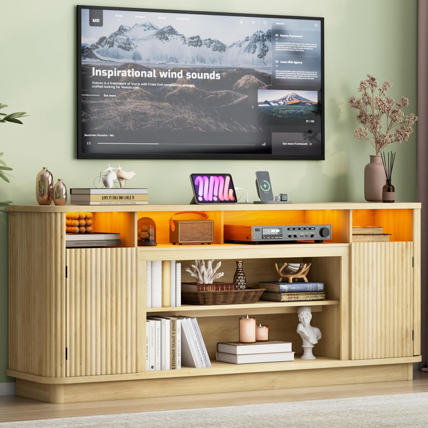 70" Fluted TV Stand for TVs Up to 80 inch Modern Entertainment Center Wood Media Console w/Power Outlets and LED Lights, Adjustable Shelves for Living Room,Natural