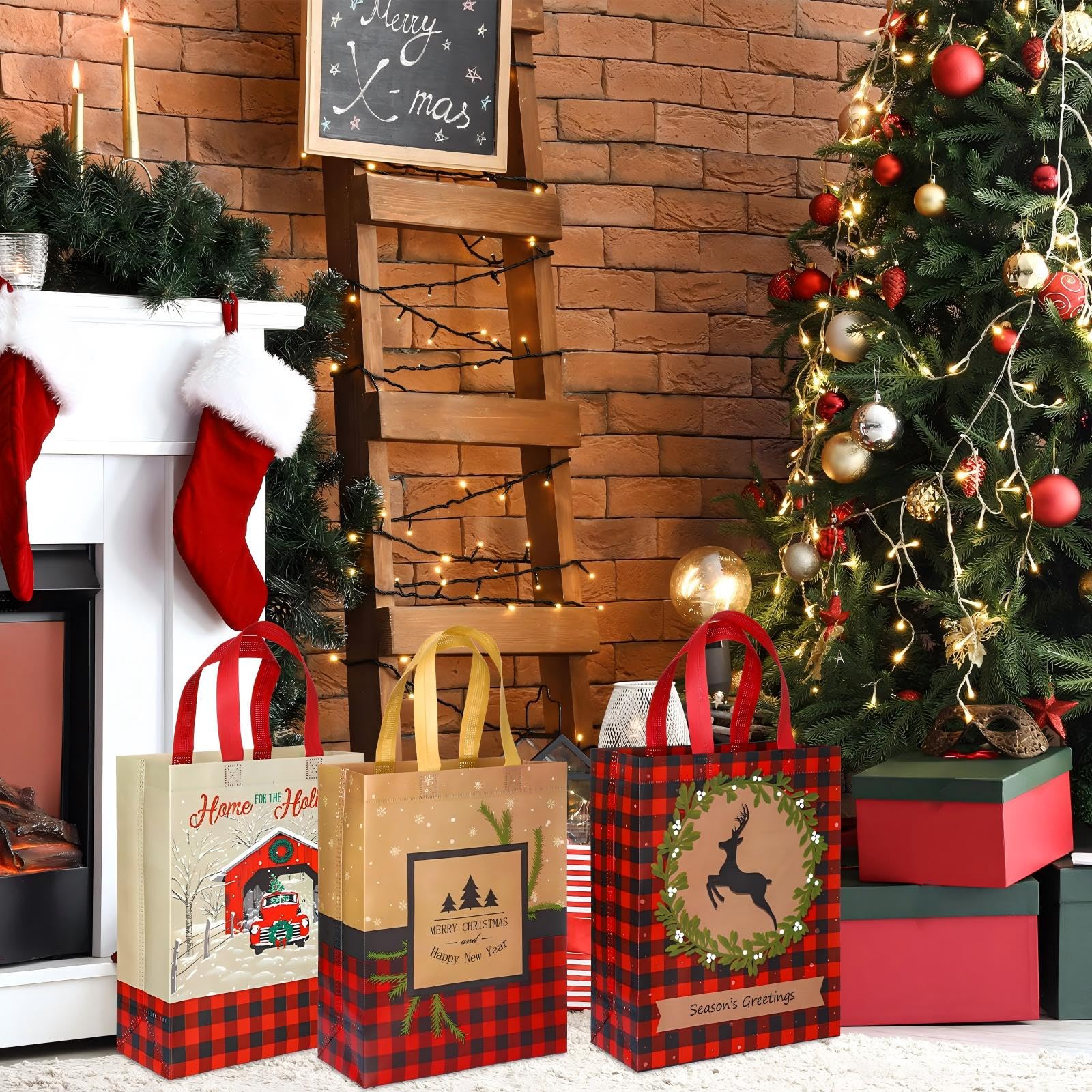 Sweetude 60 bolsas de Navidad reutilizables a granel a cuadros de renos feos no tejidas con asa para fiestas de Navidad, 12.6 x 9.84 pulgadas