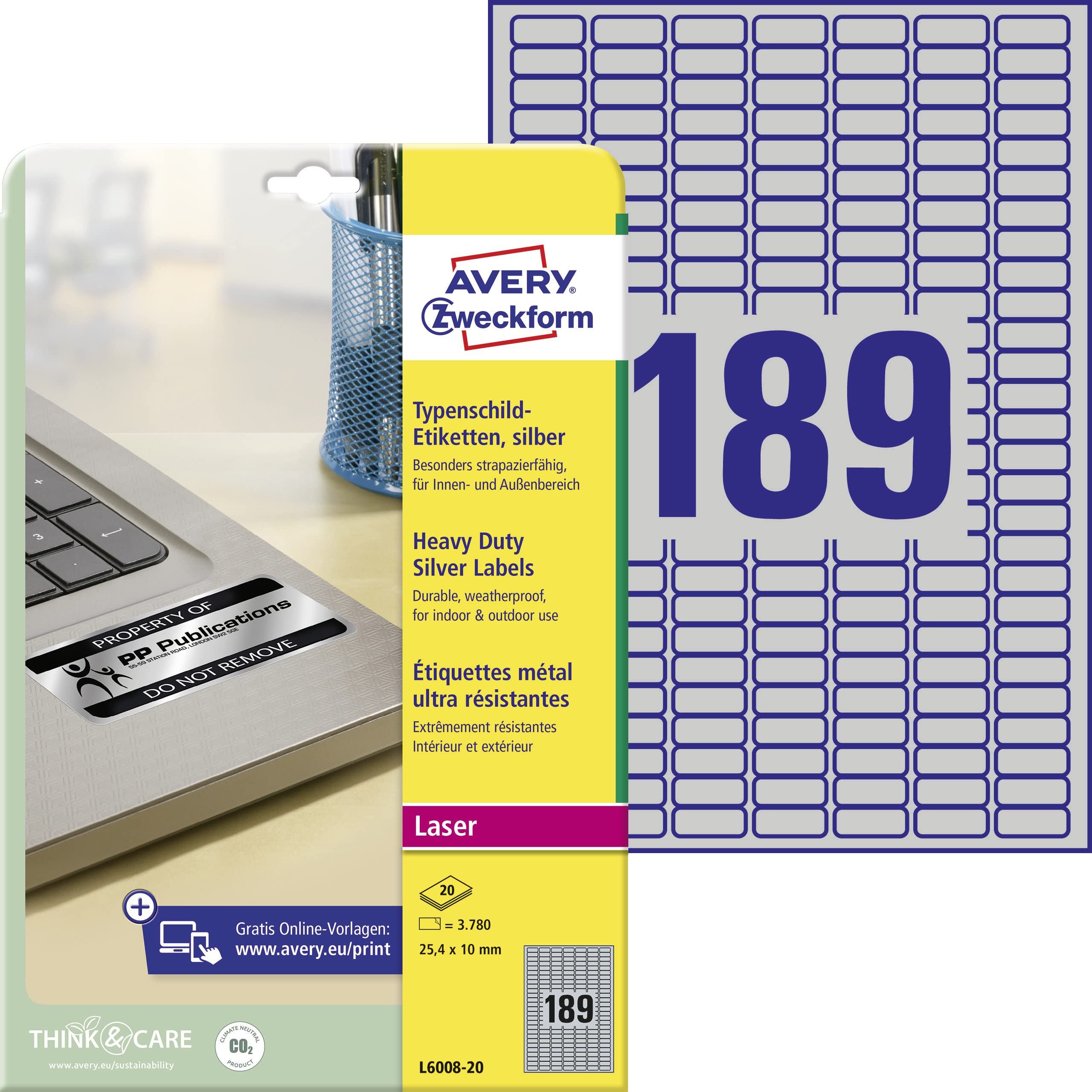 AVERY Zweckform L6133-20 Typenschild Folienetiketten (480 Aufkleber, 70x37mm auf A4, stark selbstklebend, strapazierfähig, wetterfest, bedruckbare Klebefolie, blanko) 20 Blatt, silber AVERY Zweckform L6133-20 Typenschild Folienetiketten (480 Aufkleber, 70x37mm auf A4, stark selbstklebend, strapazierfähig, wetterfest, bedruckbare Klebefolie, blanko) 20 Blatt, silber