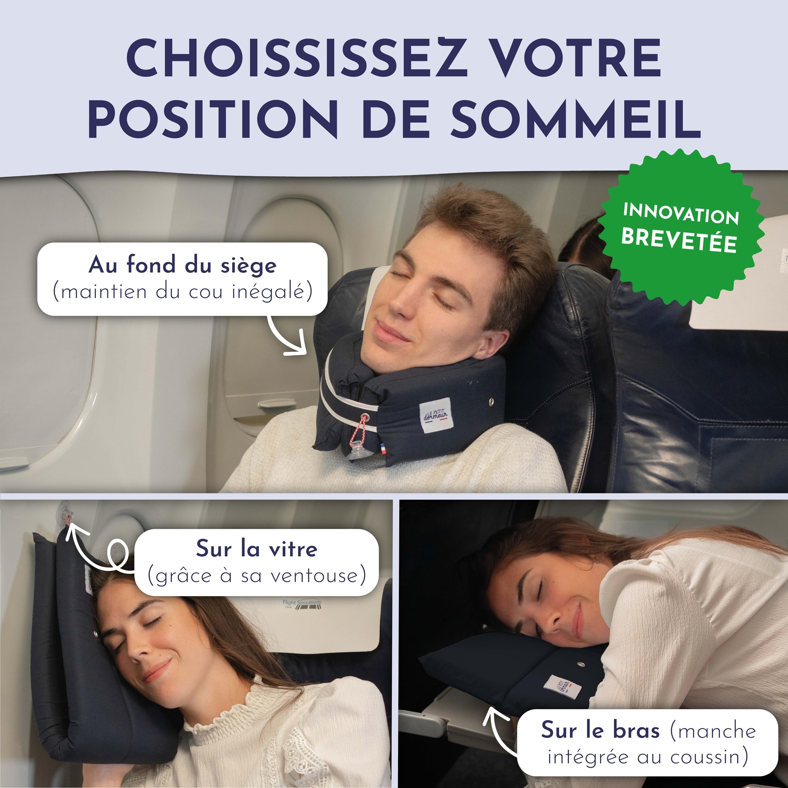 Coussin de Voyage Coussin Avion Ergonomique 3 en 1 - Oreiller de Voyage Ultra Confort - Pratique & Compact - Fabriqué en France - Lavable en Machine - Bleu Nuit