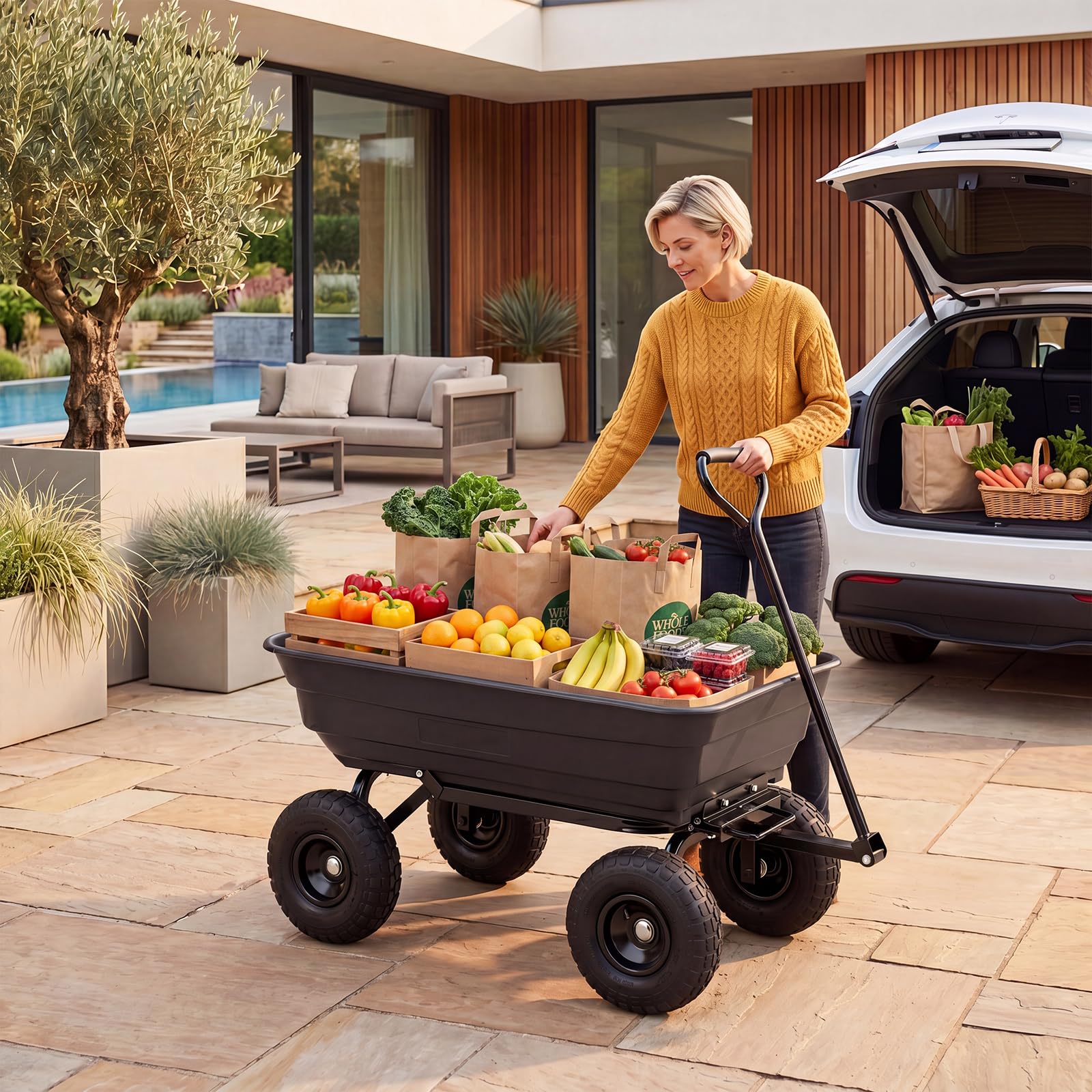 GYMAX Chariot à roulettes à Benne Bascule 75L 300 kg | Brouette Jardin de Transport Extérieur avec 4 Roues Gonflables Tout-Terrain, Chariot de Plage pour Jardinage, Cour et Camping