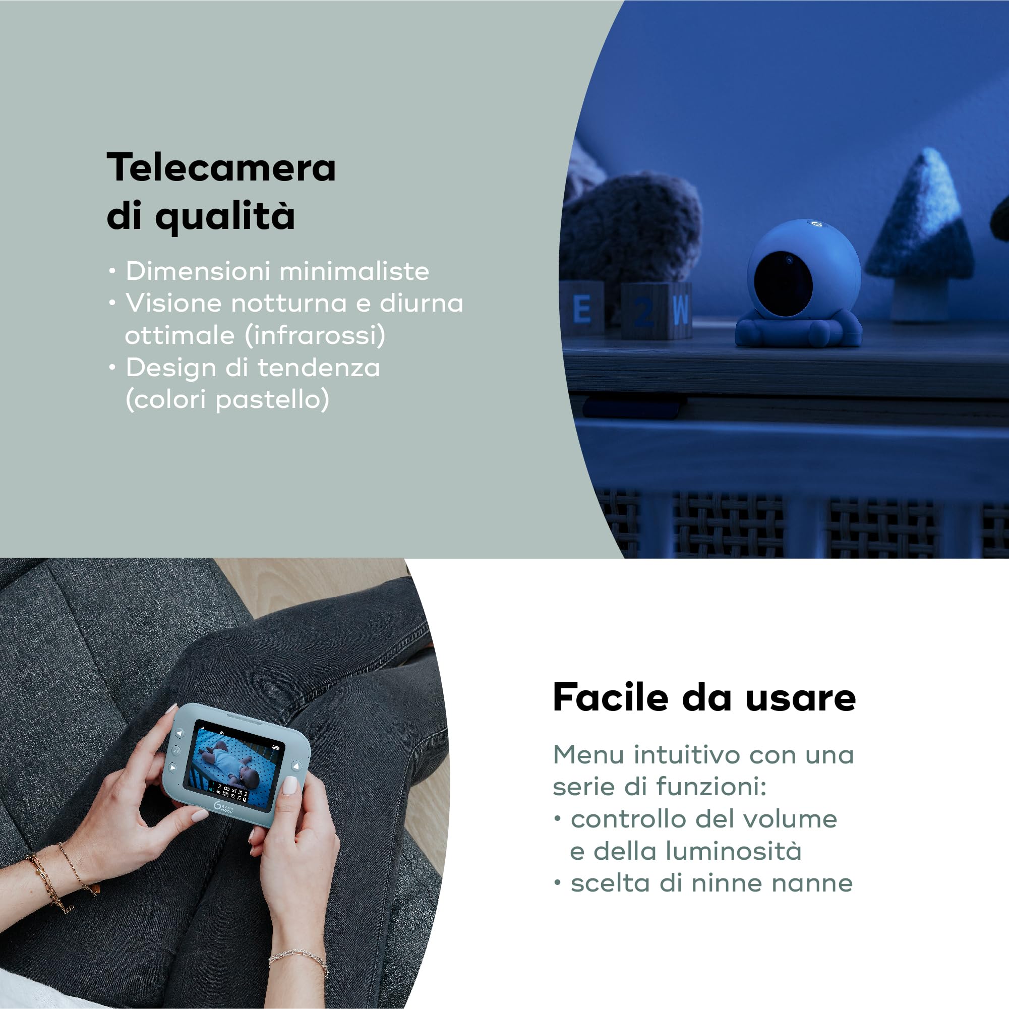 Babymoov Baby monitor con videocamera senza fili YOO Roll - Batterie ricaricabili - Autonomia 10 ore - Schermo 3,5" di qualità a infrarossi - Ninnenanne - Portata 300 m - Garanzia a vita