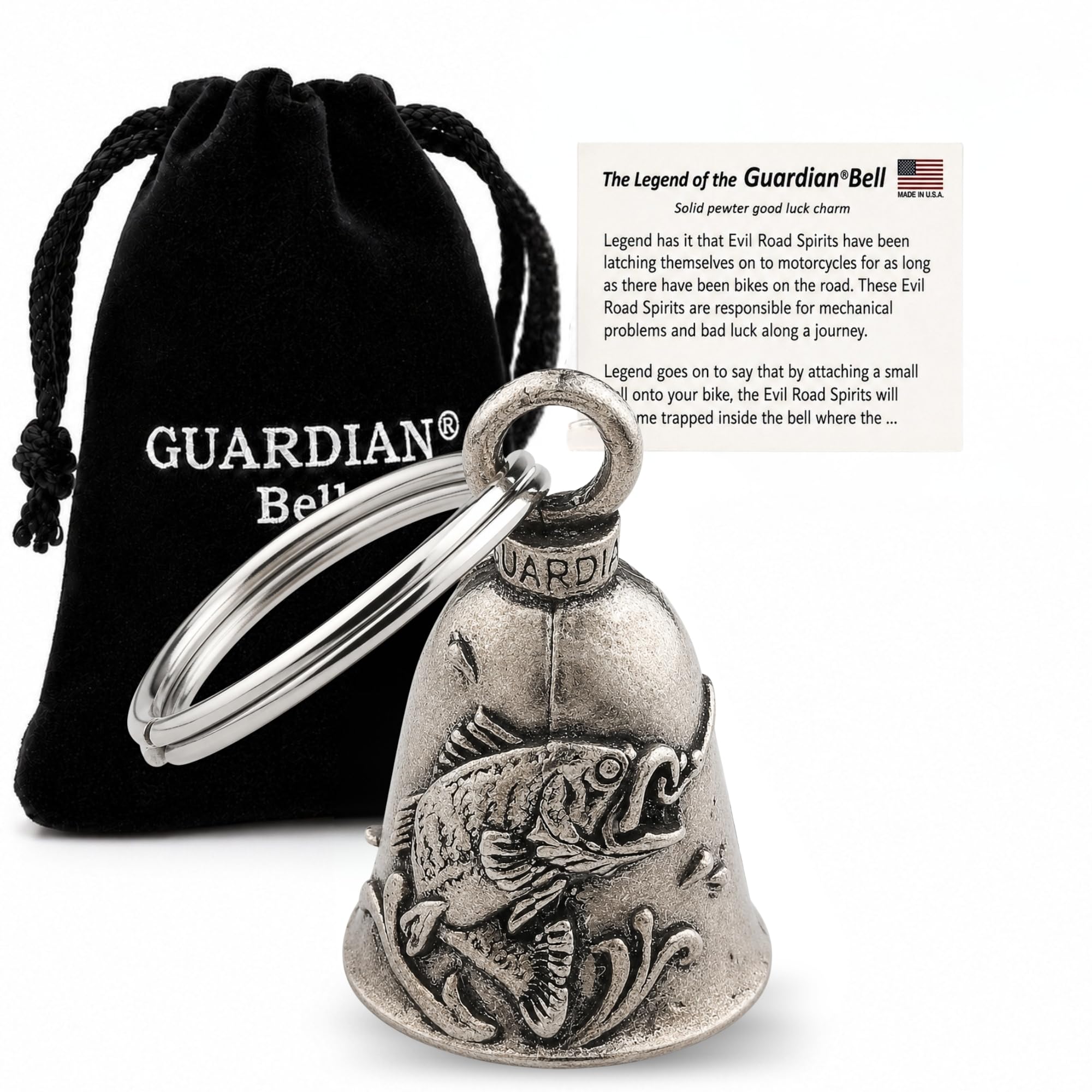 Guardian Bell Animals Good Luck Bell w/Keyring &amp; Black Velvet Gift Bag | Motorcycle Bell | Lead-Free Pewter | Made in USA