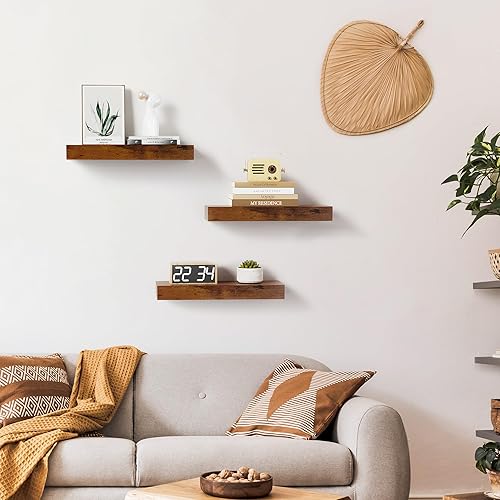 Miniatura 2 de Merapi Estantes flotantes de madera rústica de 15 pulgadas, juego de 3 estantes de pared para baño, dormitorio, estante colgante pequeño para