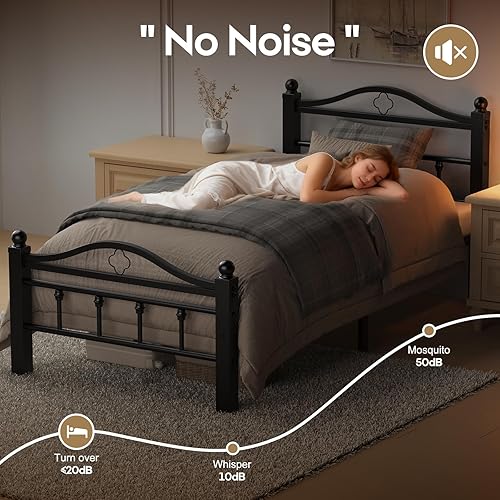 Miniatura 4 de Marco de Cama Tamaño Individual con Cabecera Vintage, Marco de Cama Plataforma Individual de Servicio Pesado de 1500 Libras con Diseño Libre de