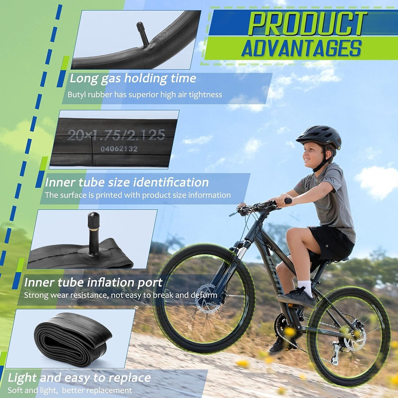 Camera D'aria,Camere D'aria Monopattino Confezione da 4 camere d'aria for bici da 20" con 2 leve for pneumatici, valvola Schrader for camera d'aria for bicicletta adatta 1.75/1.95/2.10/2.125, camera d