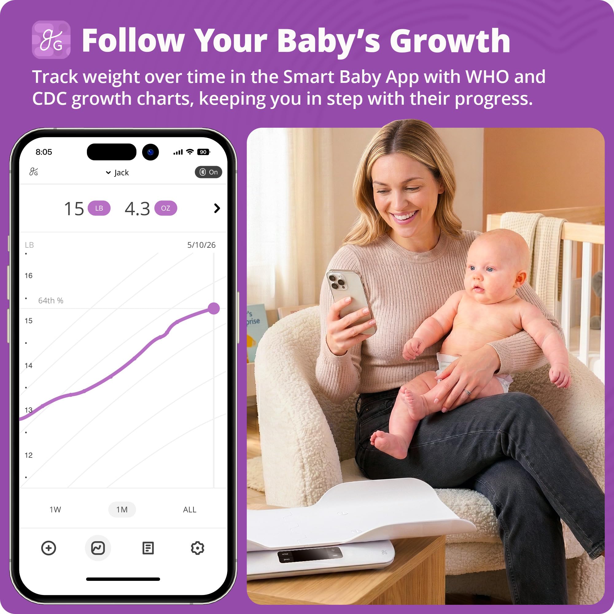 Greater Goods Bilancia intelligente Bluetooth con algoritmo interno per neonati e bambini che si muovono