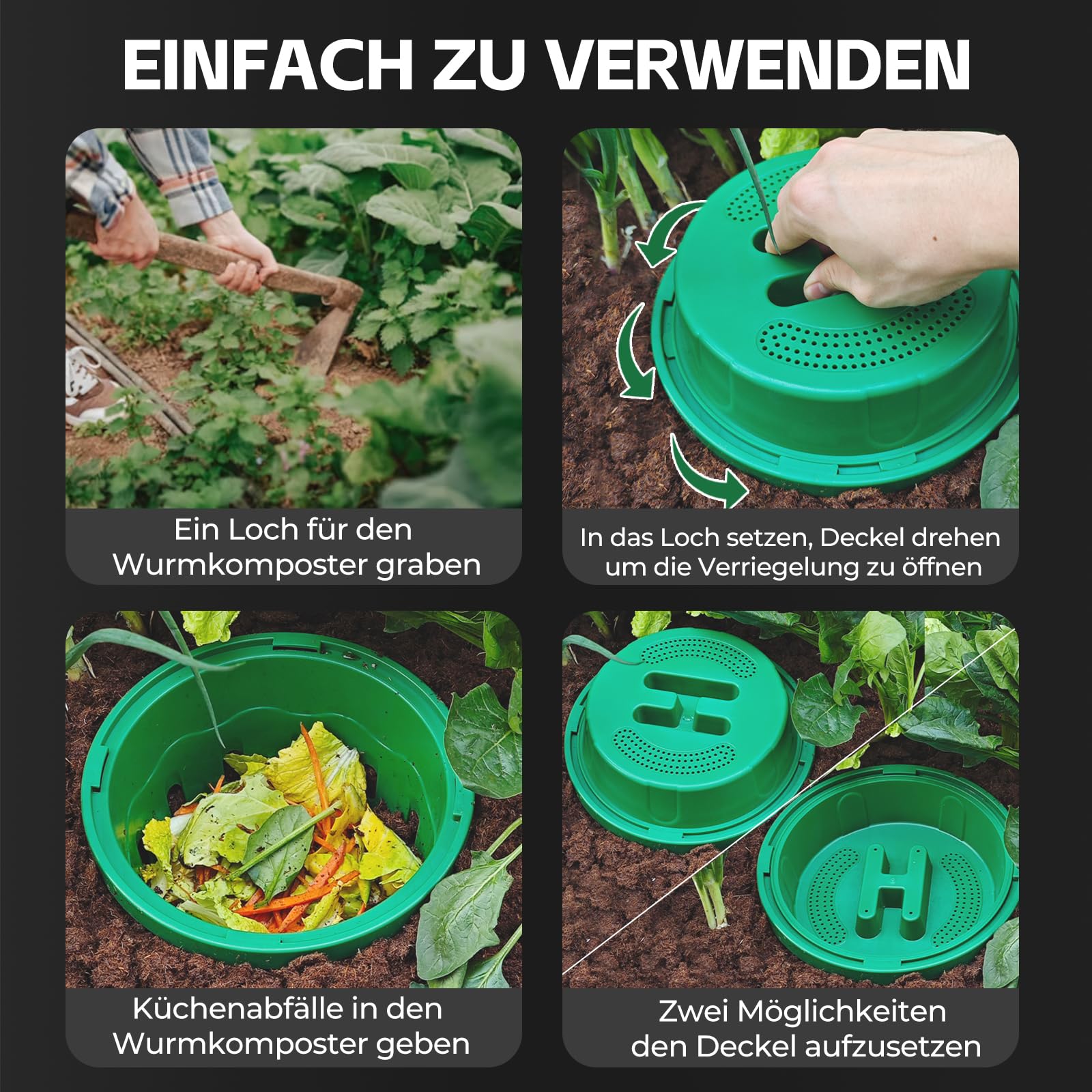 Unterirdischer Wurmkomposter, 2er-Pack 8L Beetkomposter zum Eingraben, für Garten & Hochbeet, kompostiert Küchenabfälle, Einsteiger, Grün (24x24x27,5 cm)