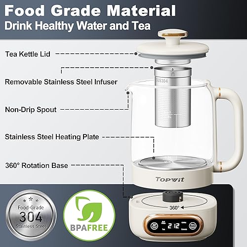 Miniatura 5 de Topwit Tetera eléctrica, 11 controles de temperatura y 4 presets de vidrio con infusor extraíble, hervidor eléctrico de 0.8 L para café, fórmula,