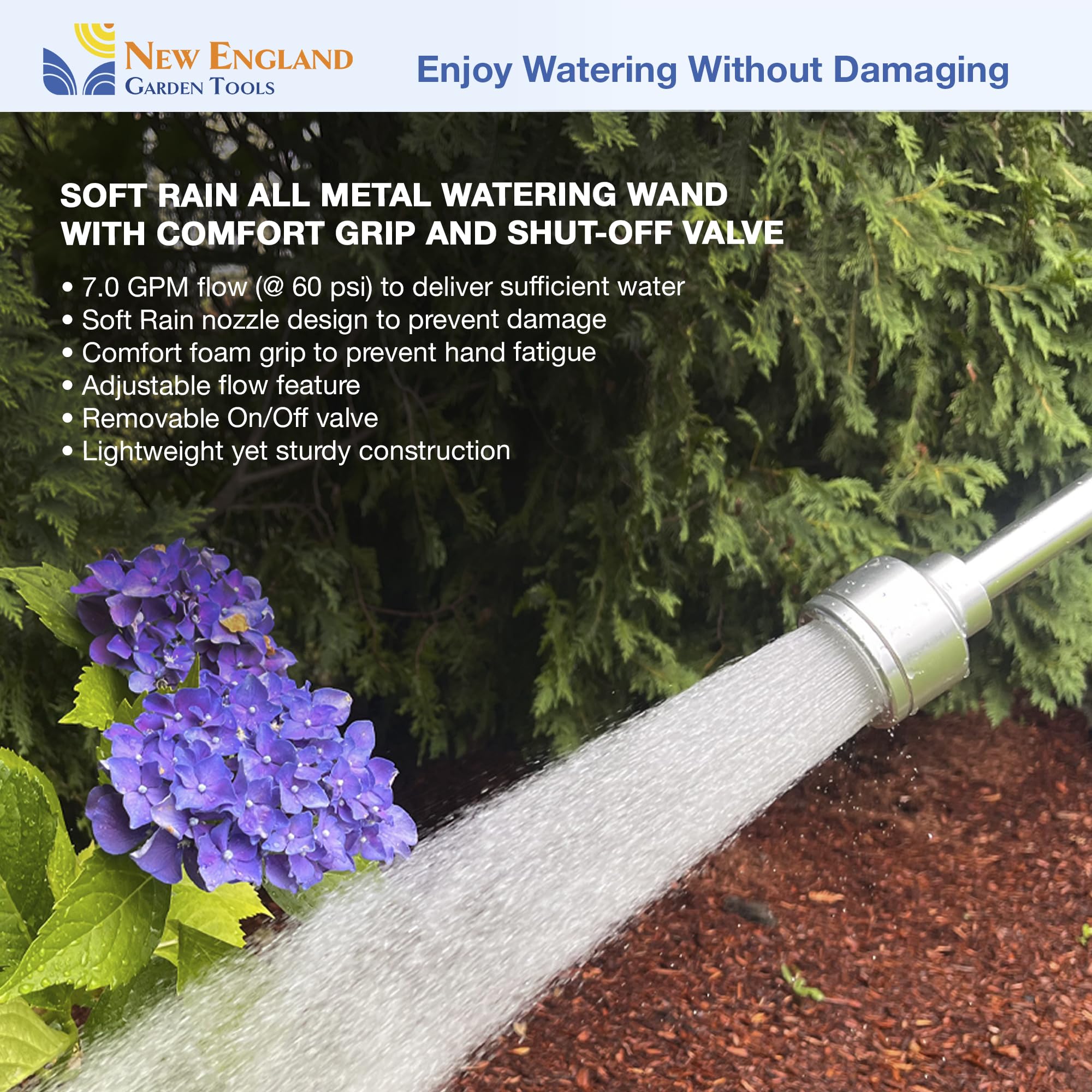 Varita de manguera de agua de metal de 30 pulgadas con spray suave 600003 con agarre cómodo y válvula de cierre de New England Garden Tools para limpieza, riego de plantas y patios, lavado de coches y