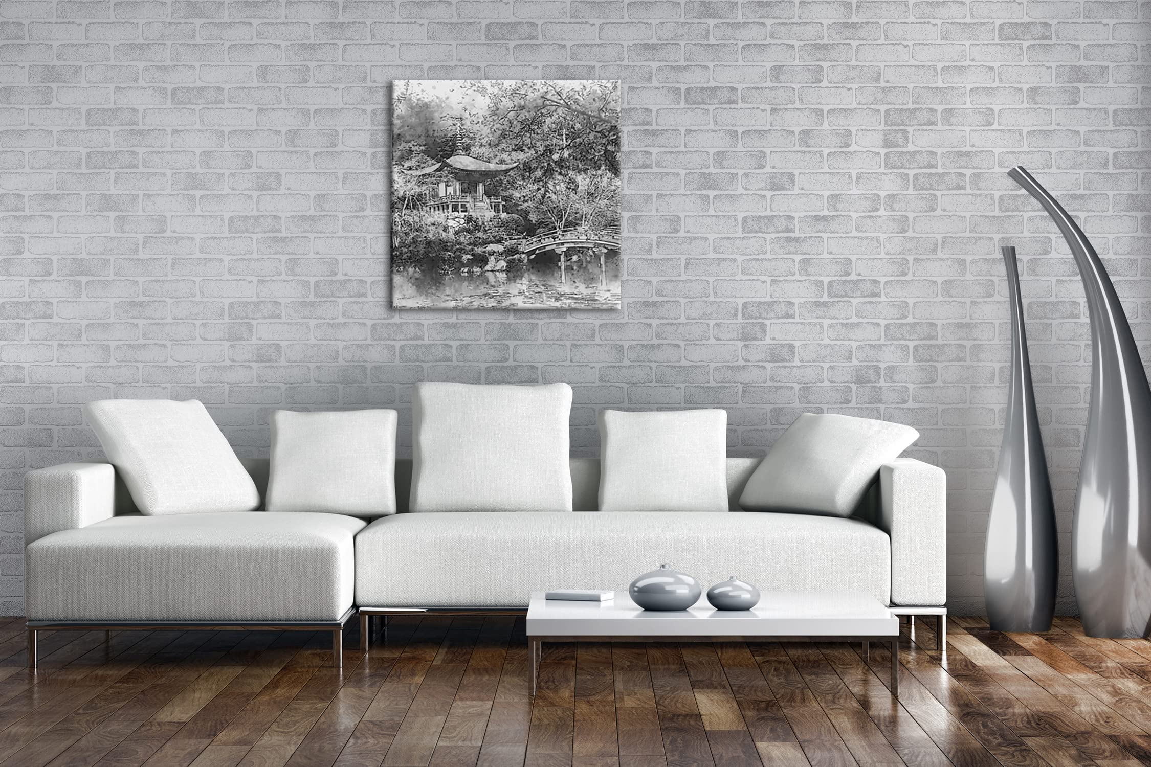 Effet jardin japonais traditionnel : noir et blanc, format : 70 x 70 cm, motif monté sur cadre en bois véritable, impression numérique de haute qualité, pas de poster ni d'affiche.