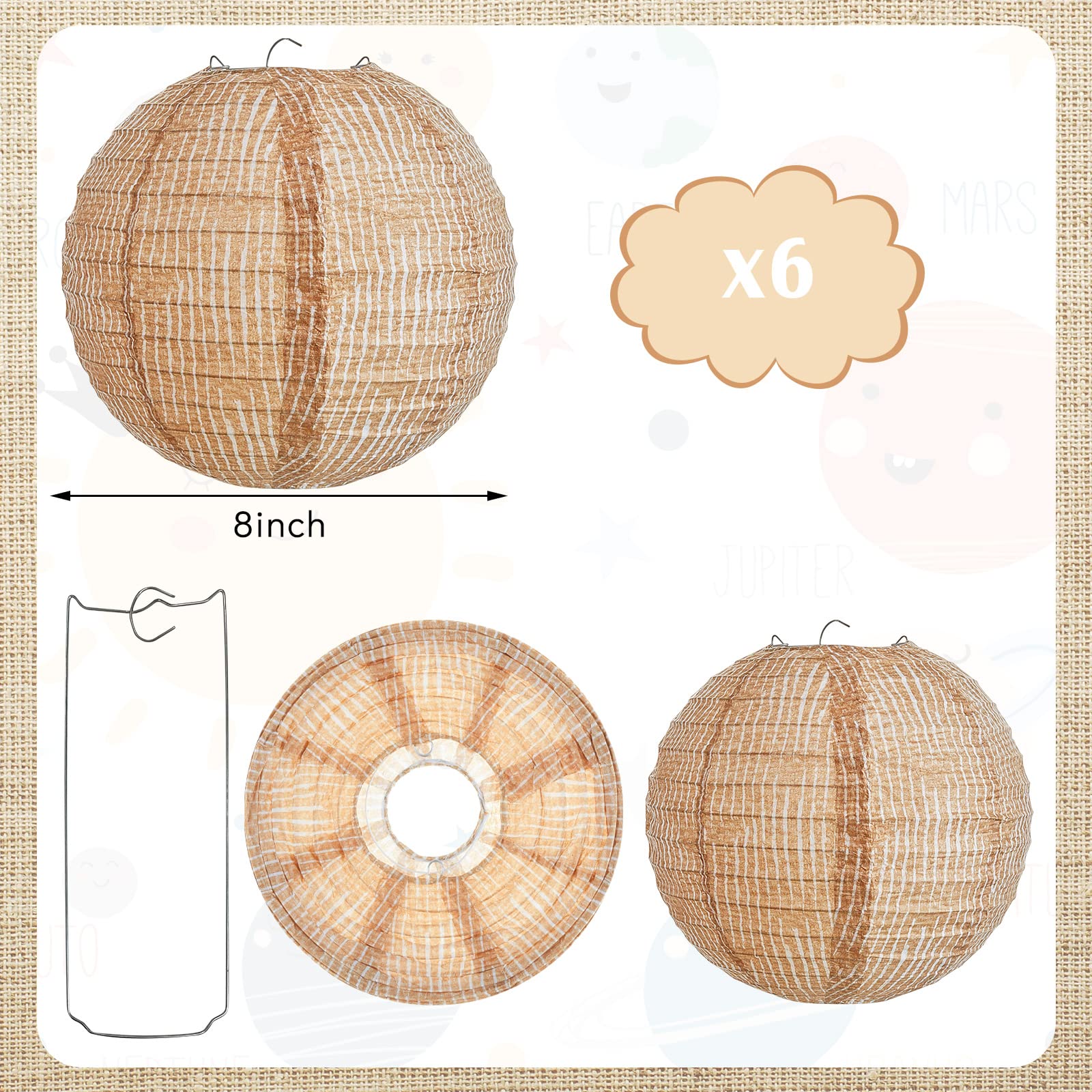 8 - 16 Burlap Print Hanging Paper Lanterns - 6 Pc.