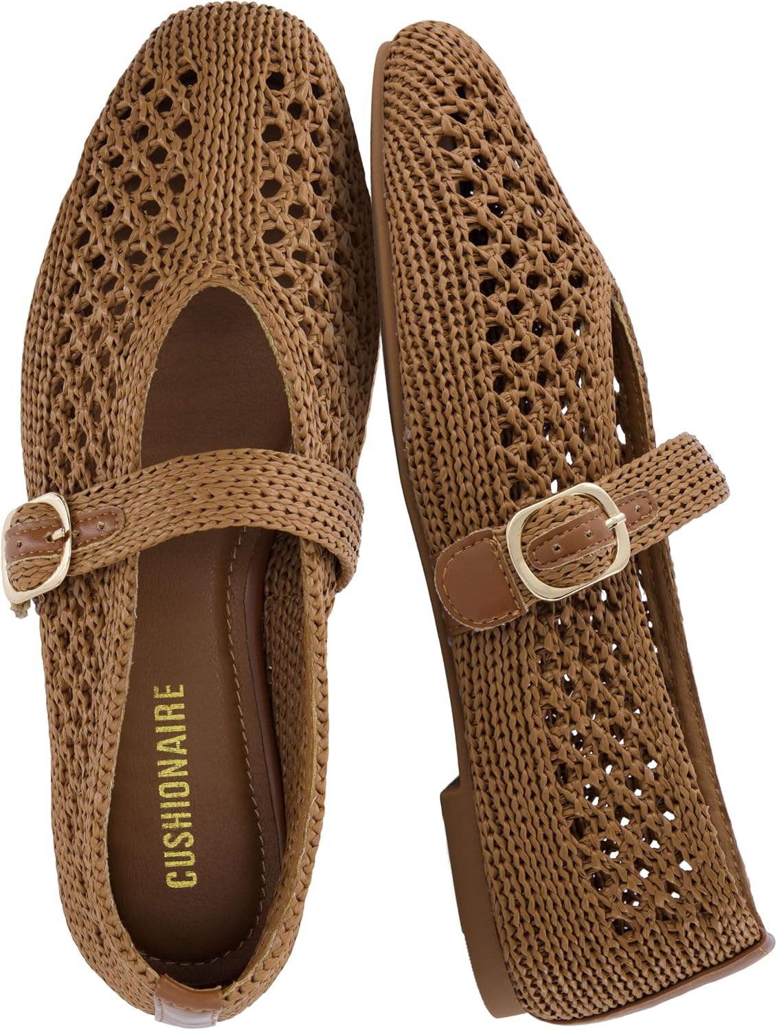 CUSHIONAIRE Monet Woven Mary Jane Flats for Women, Comfortable Ballet Flats with Adjustable Gold-Tone Buckle Strap and Memory Foam Cushioning