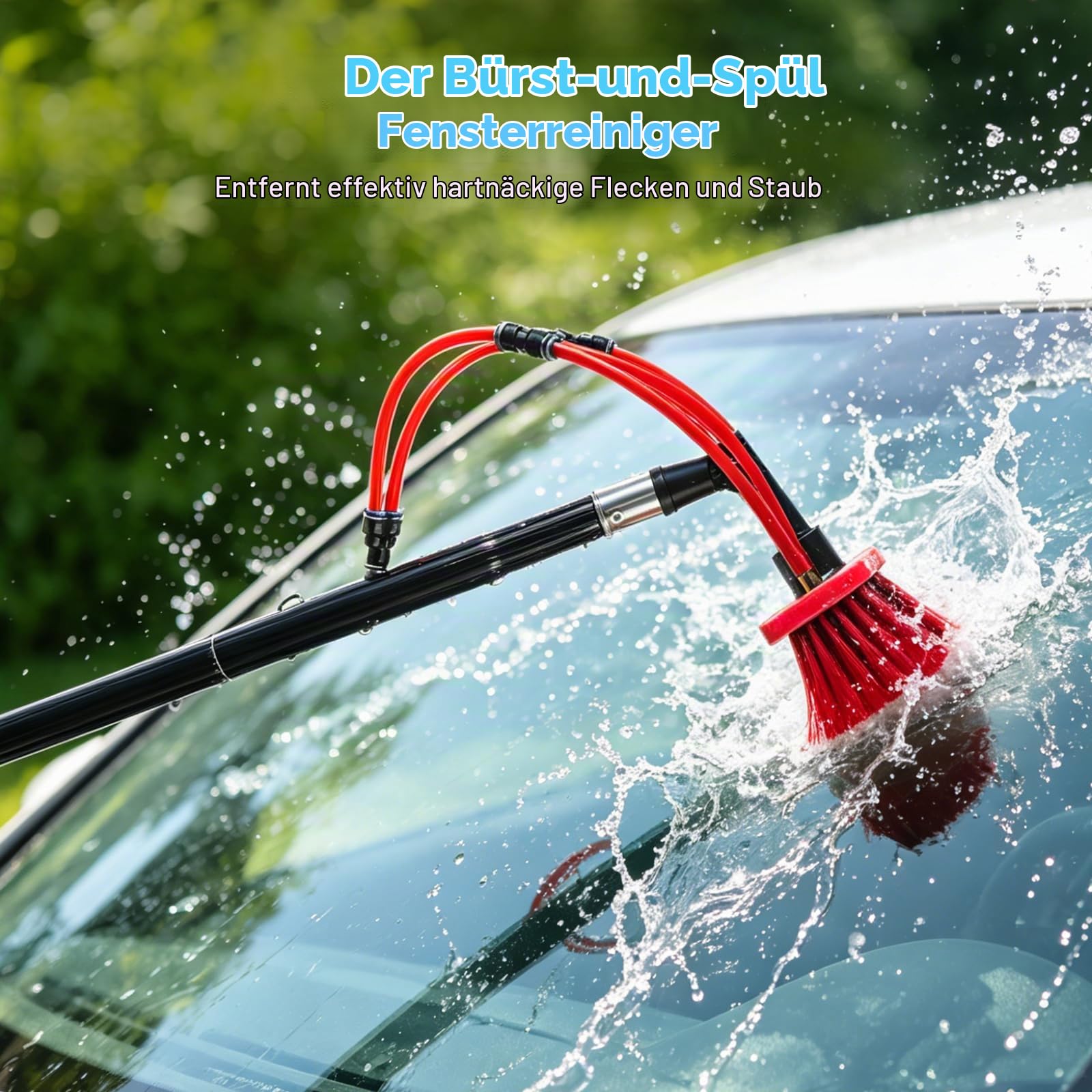 Teleskop Waschbürste mit Wasseranschluss, 4m Teleskopstange Fensterreinigung mit 180° verstellbarem Bürstenkopf & 4 integrierten Düsen, für Photovoltaikanlagen, Fenster, Wohnmobile & Auto