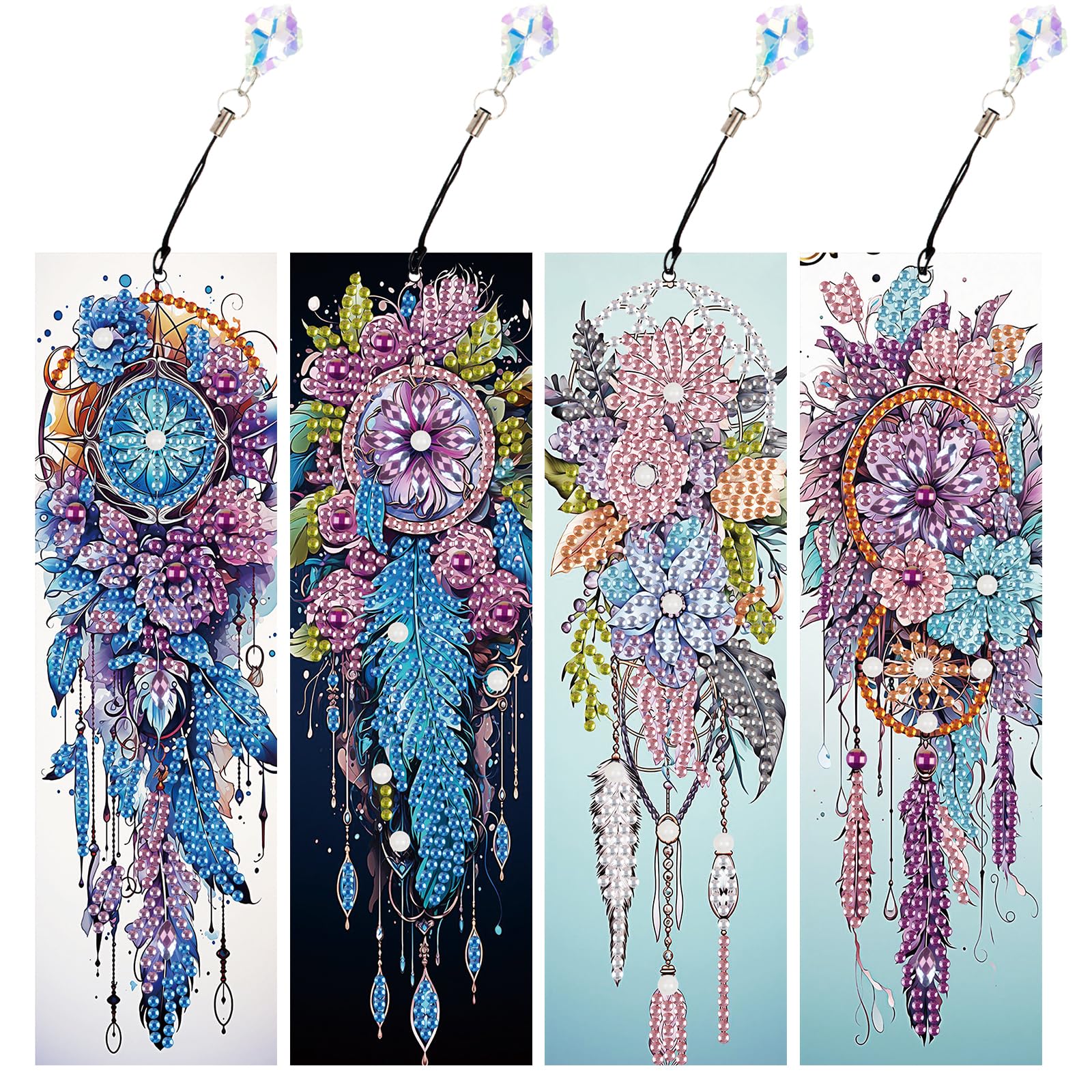 JISHSHAY 4 Pieces Diamond Art Book Marks Flower Diamond Painting Bookmarks Dreamcatcher Gem Painting Bookmarkers Gem Art Book Markers Mosaic Kits for Adults Bookmarks Embroidery Page Markers