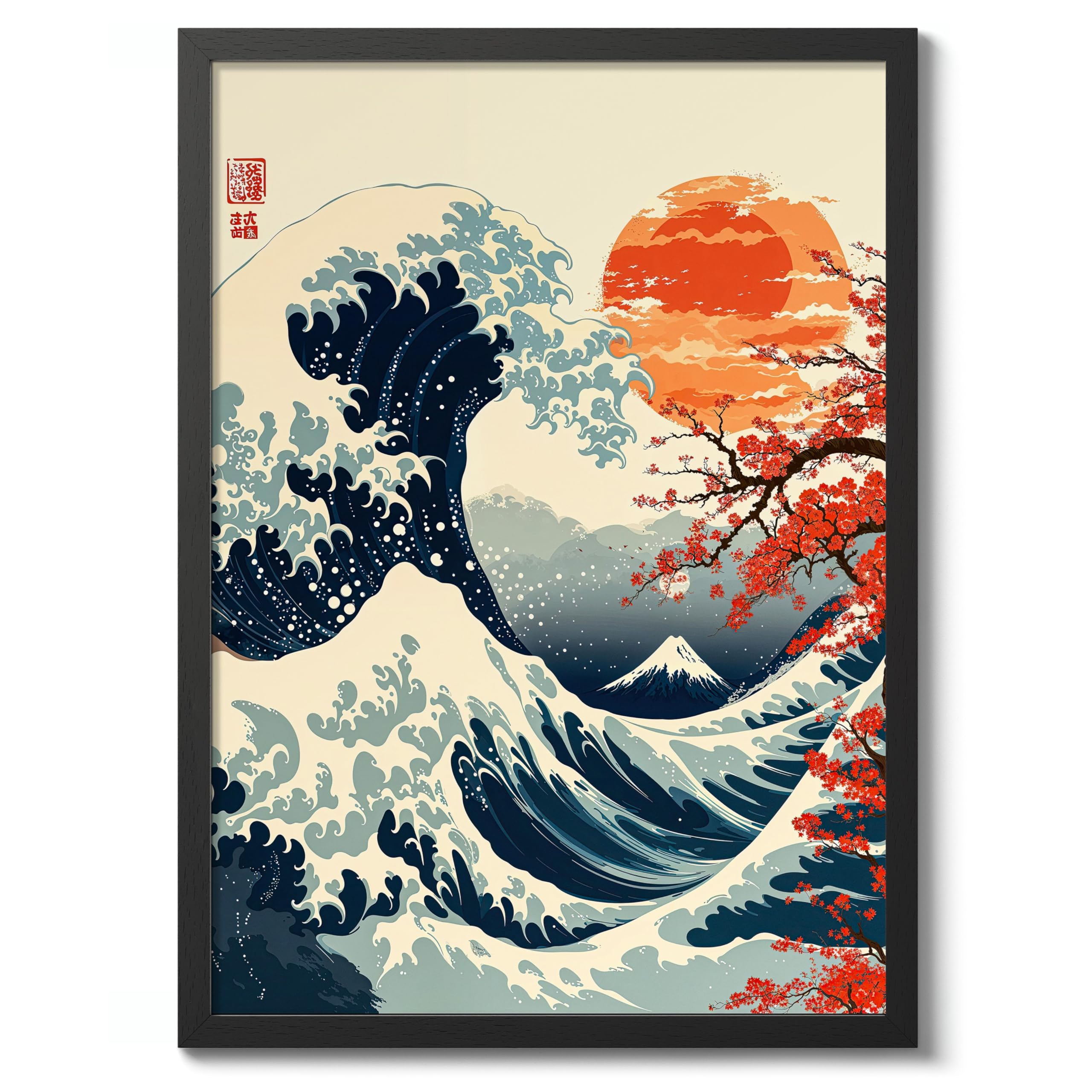 The Great Wave Poster Japanese Anime Style Print. Great Wave Woodblock Animal Wall Art, Archival Matte, A4 (Black Frame) - 29.7x21cm
