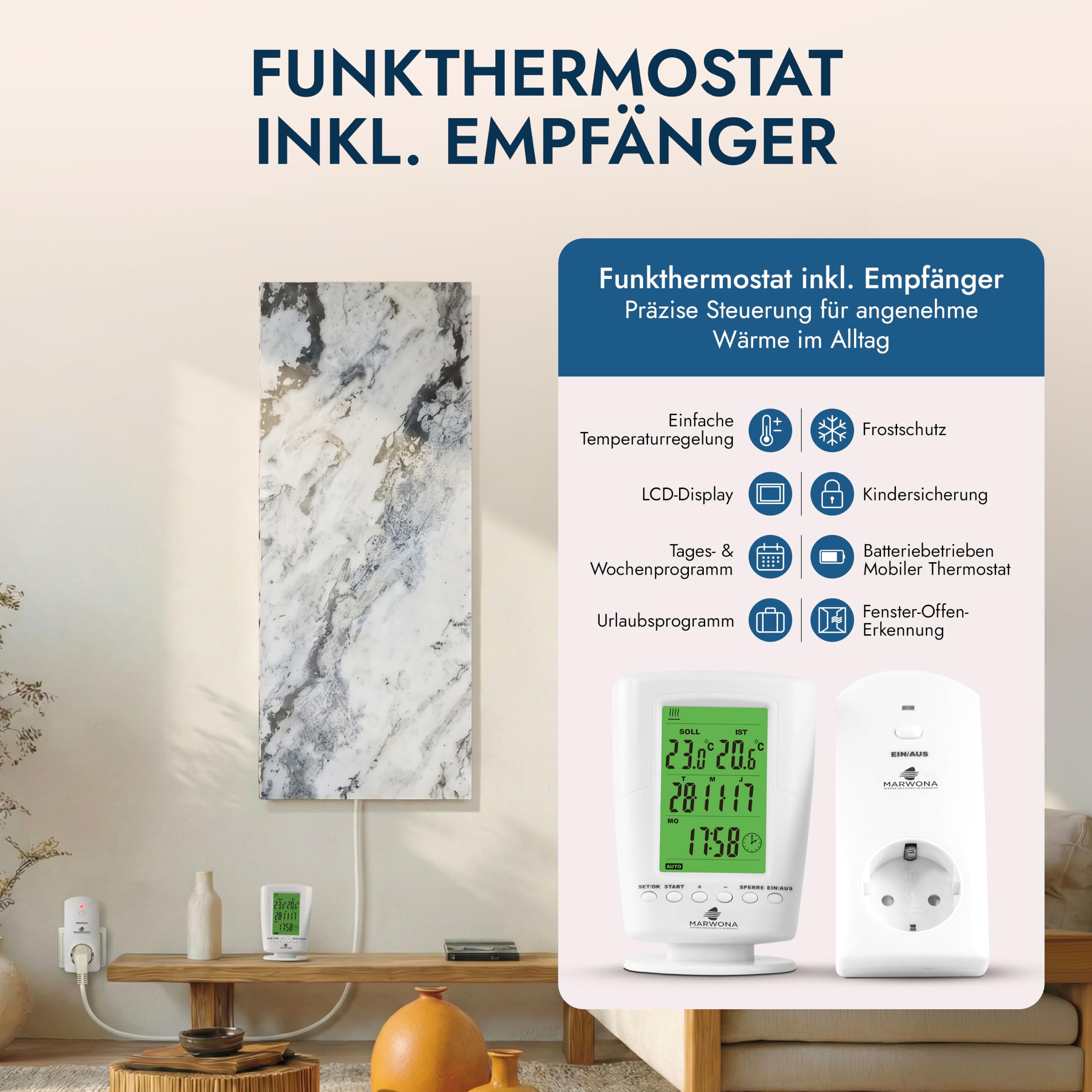 Naturstein Infrarotheizung 800 Watt Qarama - Massive Wandheizung aus echtem Marmor - Elektroheizung mit Digitalthermostat, lautlos, 100x40 cm - Made in Germany