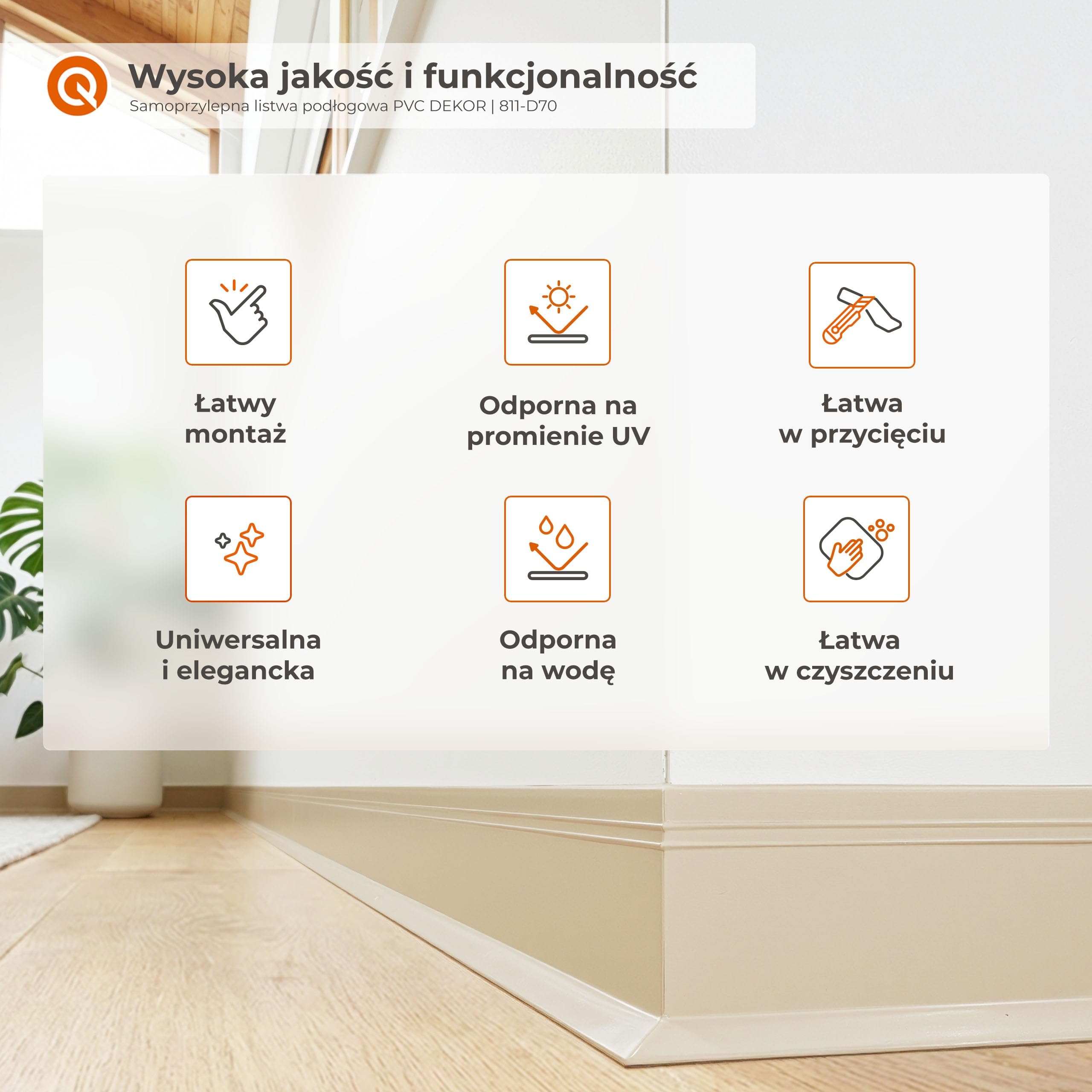 Quest Listwa cokołowa PVC 70x20 mm samoprzylepna DEKOR – czarny, 15 m | Elastyczna miękka listwa podłogowa z frezem ozdobnym, odporna na wilgoć i UV, profil przejściowy, montaż bez wiercenia