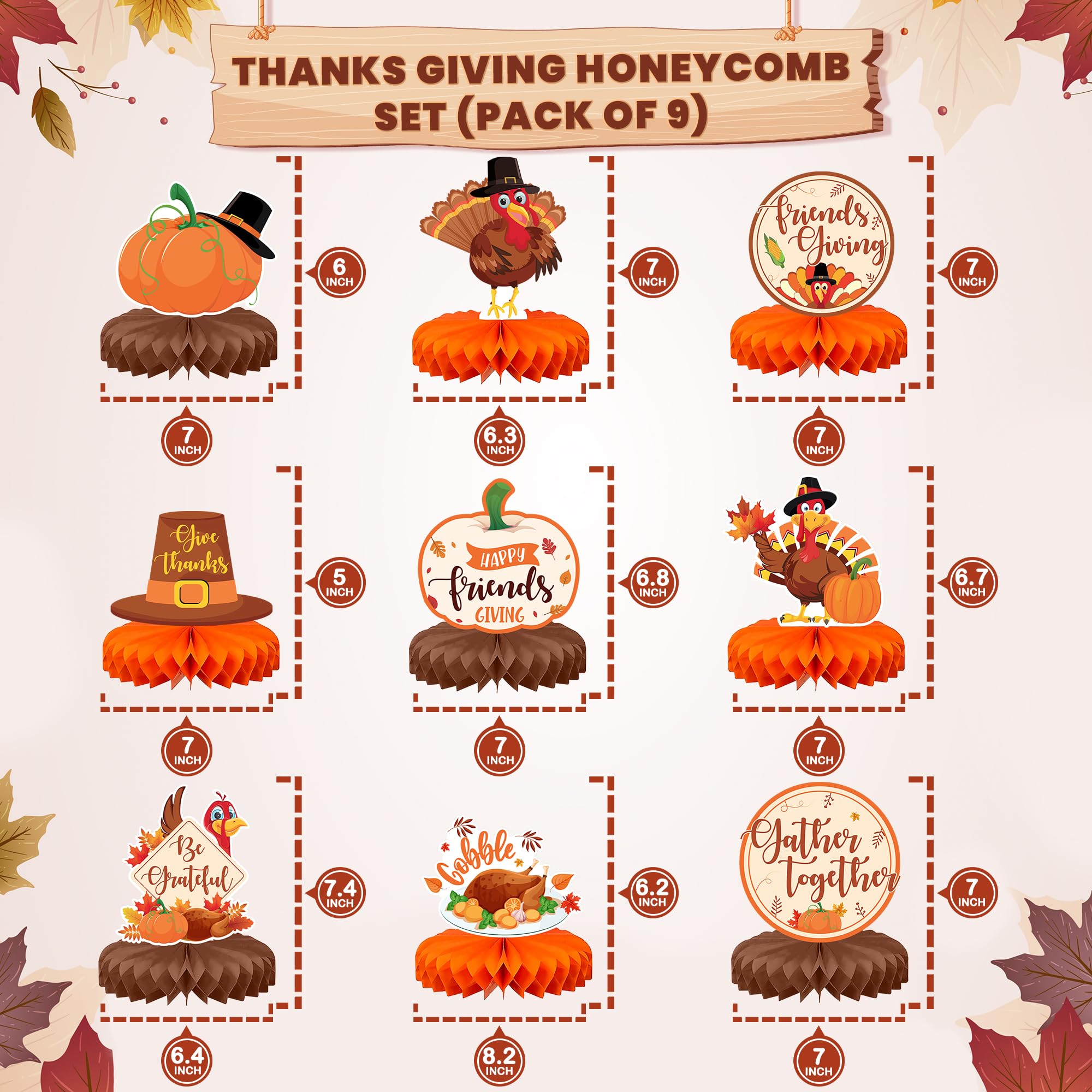 KatchOn, Thanksgiving Centerpieces For Tables - Pack of 9 | Friendsgiving Decorations for Table | Thanksgiving Honeycomb Centerpieces, Thanksgiving Table Decorations | Thanksgiving Decorations Indoor