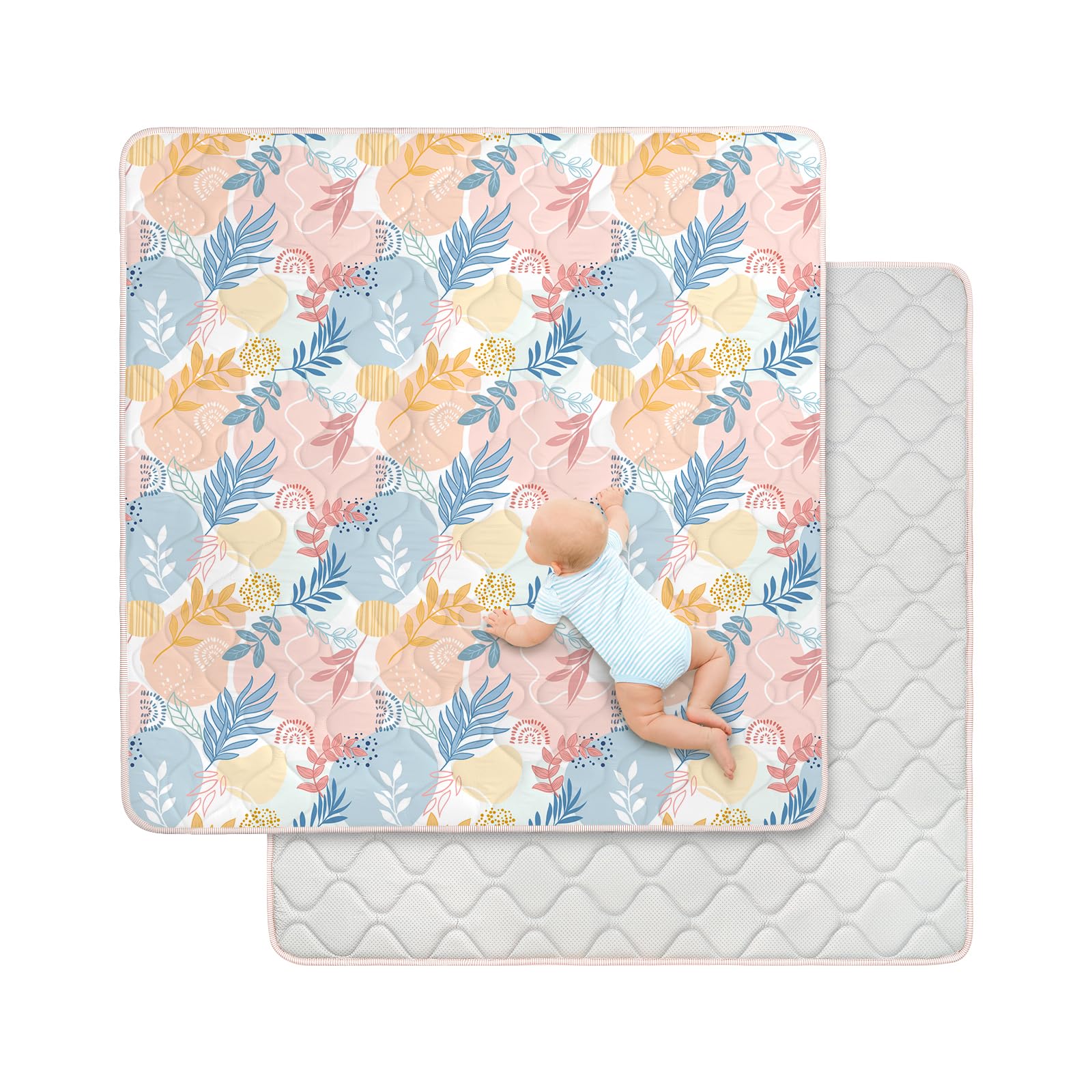 Baby Play Mats for Floor,127x127cm Foldable Playmat,Thick Machine Washable Playpen Mat Pad,Soft Non-Slip Activity Mat for Crawling & Tummy Time,Boho Leaf