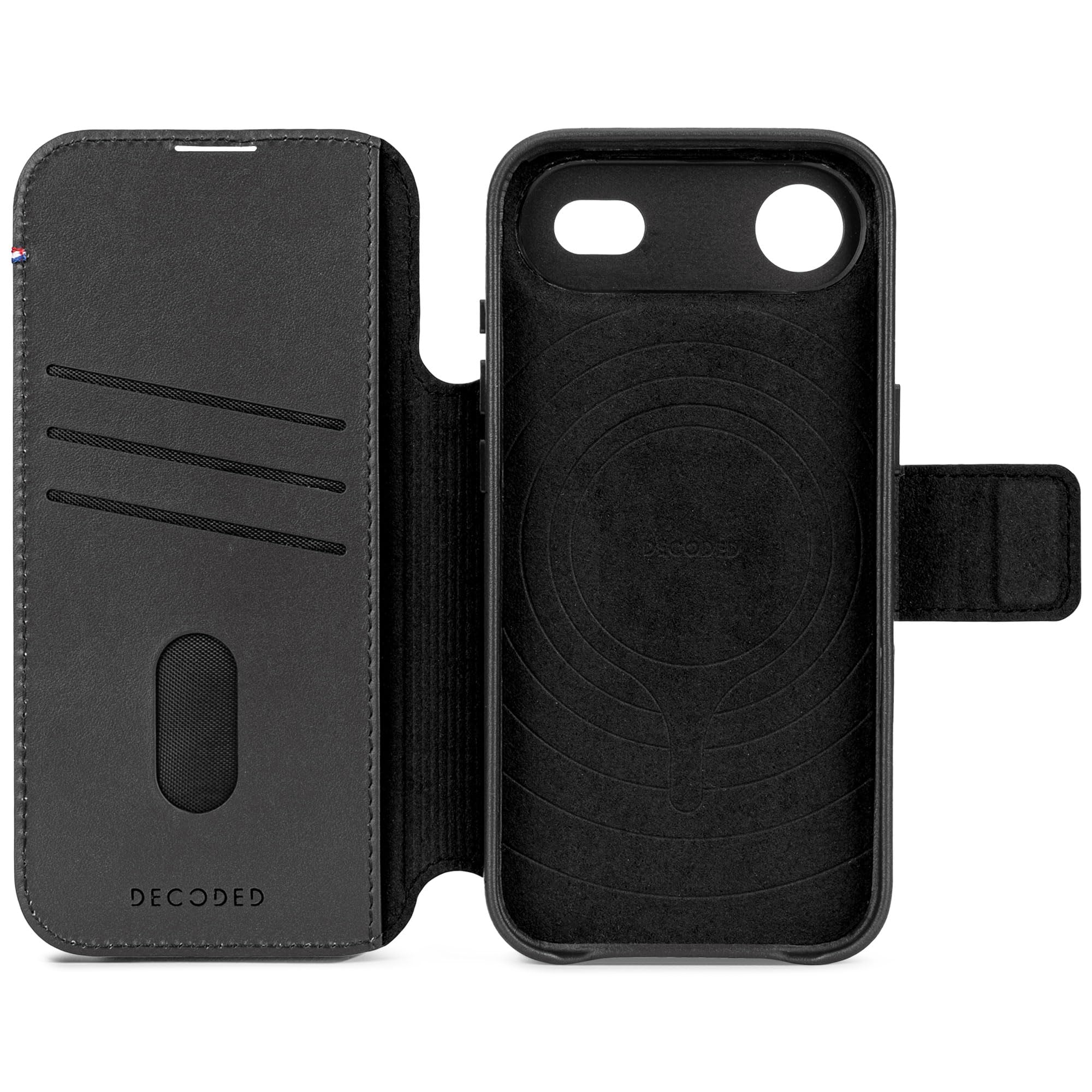 DECODED 2 w 1, skórzane etui do iPhone'a 17 Air z odpinanym portfelem, wysokiej jakości skóra ECCO, kompatybilne z Magsafe, ochrona przed upadkiem, odporne na zarysowania, metalowe guziki, czarne