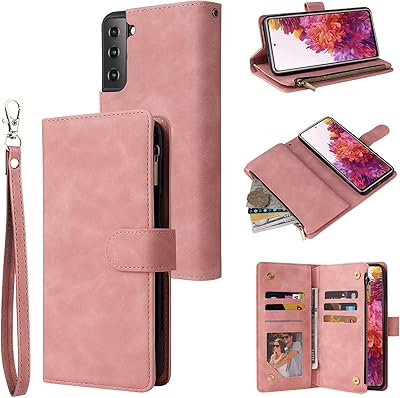 LBYZCASE Phone Case for Galaxy S21 Plus,Samsung S21+ Plus 5G Wallet Case,Luxury Folio Flip Leather Cover[Zipper Pocket][Wrist Strap][Kickstand ] for Samsung Galaxy S21 Plus(Rose Gold)