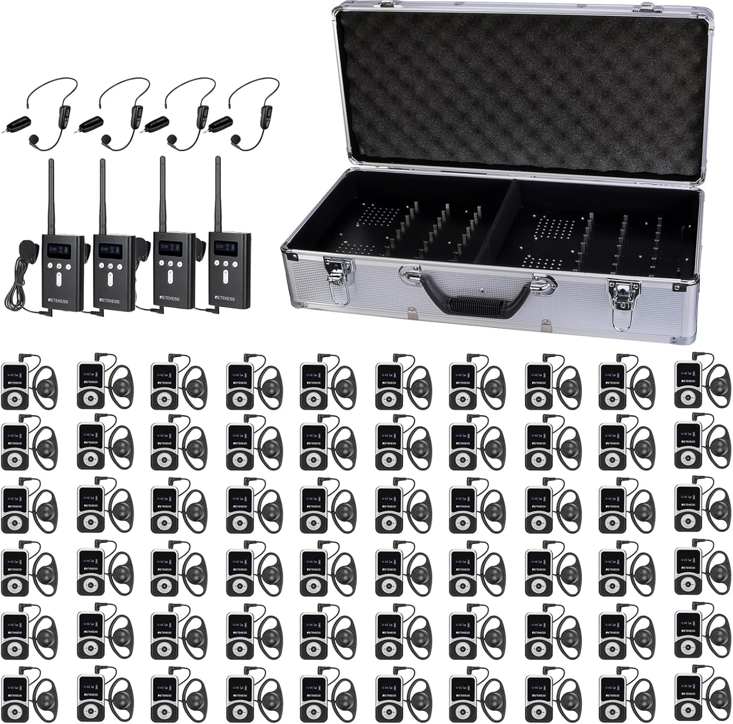 T130S Tour Guide System, Church Translation System Wide Range,One-Button Pairing, with 4 Wireless Mic, Tour Guide Microphone and Speaker for School (Case of 4 Transmitter 60 Receivers)
